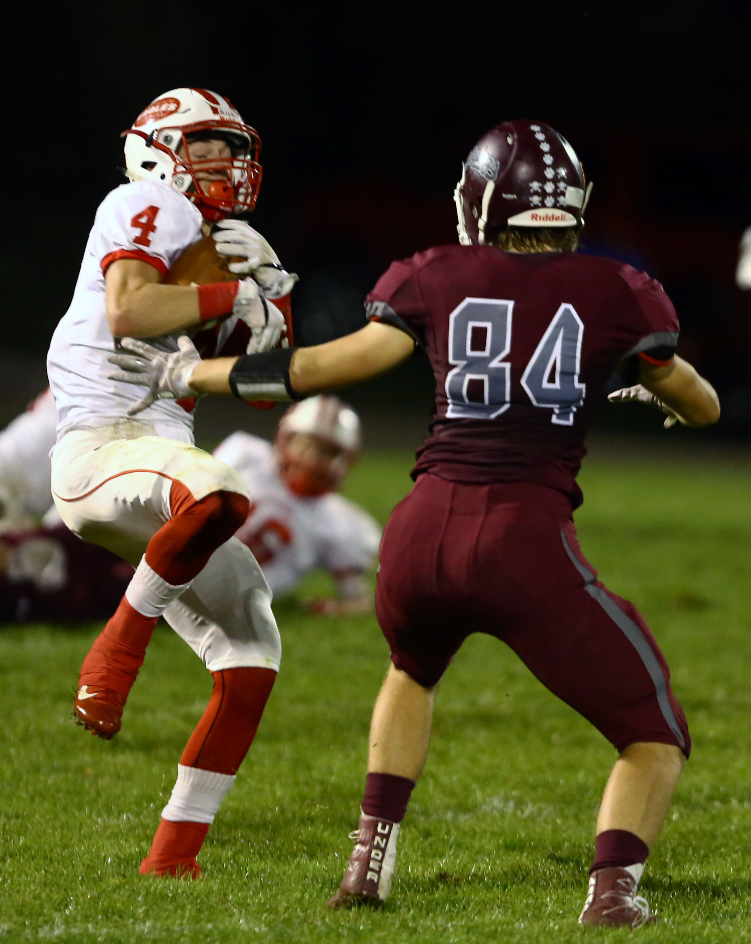 Eastwood High School defensive back Cade Boos intercepts a pass intended for Rossford High School Adam Sauter in the first half of the football game at Rossford High School on Friday, Oct. 28, 2016. Eastwood leads at the half 42-21. 