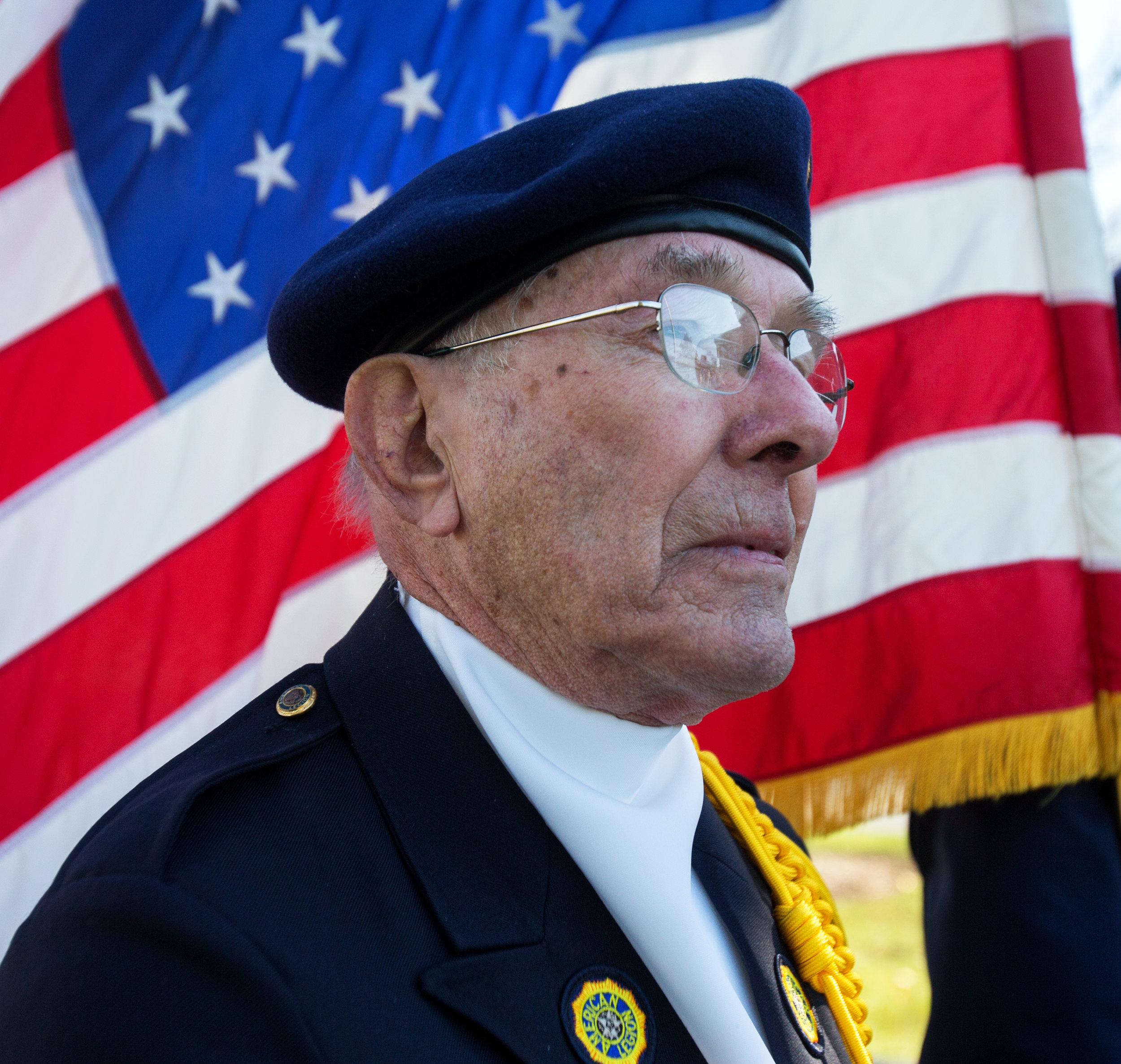 American Legion post 384 color guard member Leroy Ryerson of Whitehouse stands at attention with other members of the color guard during a re-dedication ceremony for the Soldier Statue in Whitehouse Village Park in Whitehouse, Oh. on Saturday, Nov. 12, 2016. 
