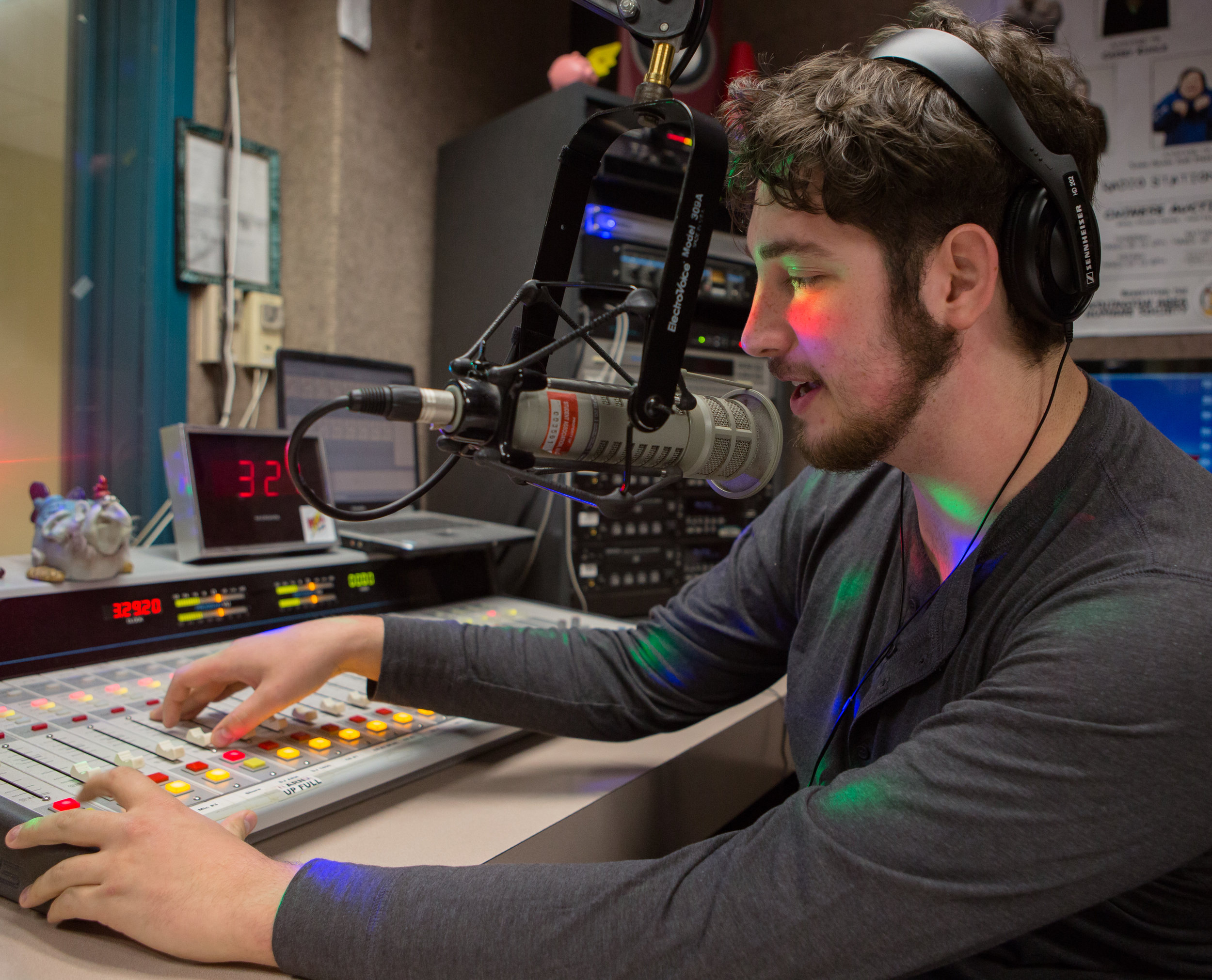 Branden Bonner (senior - commercial music technology) of Clarion, Pa. runs through a station identification at the WCAL studio in the Natali Student Center on Wednesday, Nov. 9, 2016.