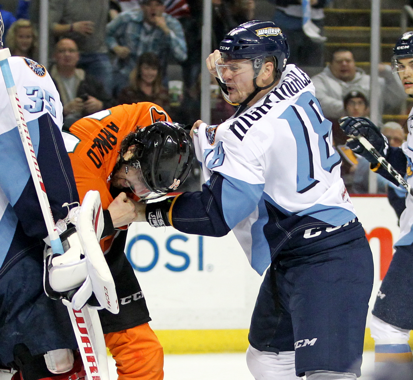 Toledo Walleye defender Jared Nightingale (18) winds up to punch Quad City Mallards forward Grant Arnold (14) during the ECHL hockey game at the Huntington Center on Saturday, Dec. 3, 2016. The Walleye won the game 3-0. 
