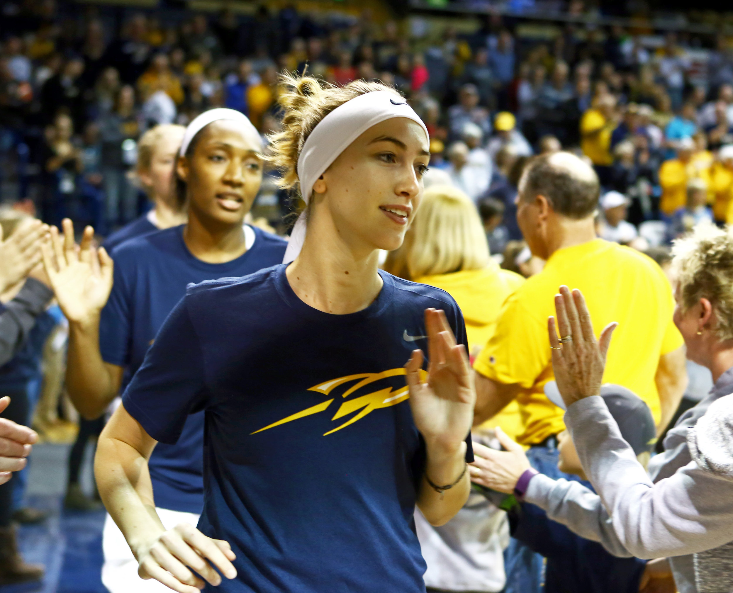 University of Toledo guard Mariella Santucci (3) takes the court with the rest of the women's basketball team through the tunnel before the start of the women's basketball game against Notre Dame at Savage Arena on the University of Toledo's campus on Sunday, Dec. 18, 2016. 