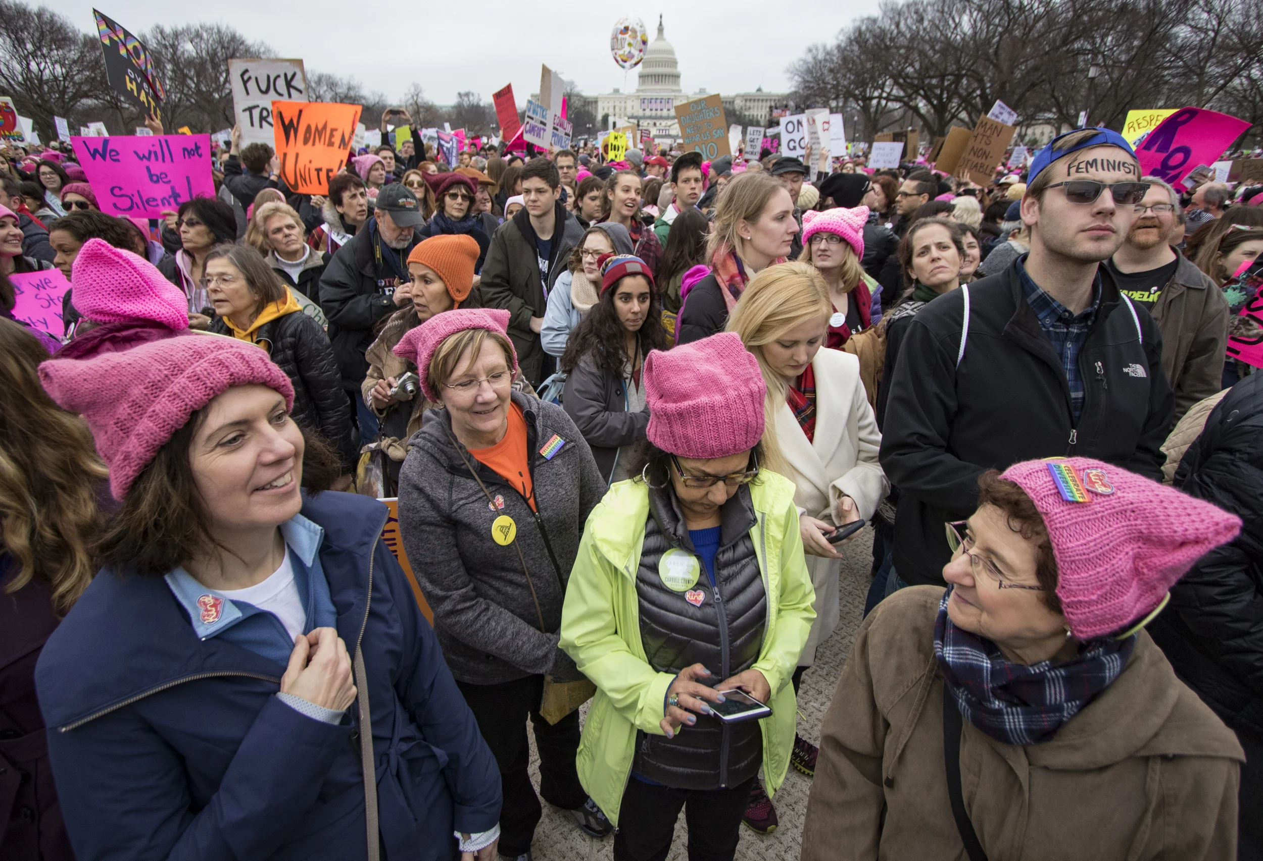 From left to right: Together We Will Carroll County chapter members Karen Jones, Carol Sterner, Tina Adornato, and Celeste Zerner join the Women's March on Washington on the National Mall on Saturday, Jan. 21, 2016.