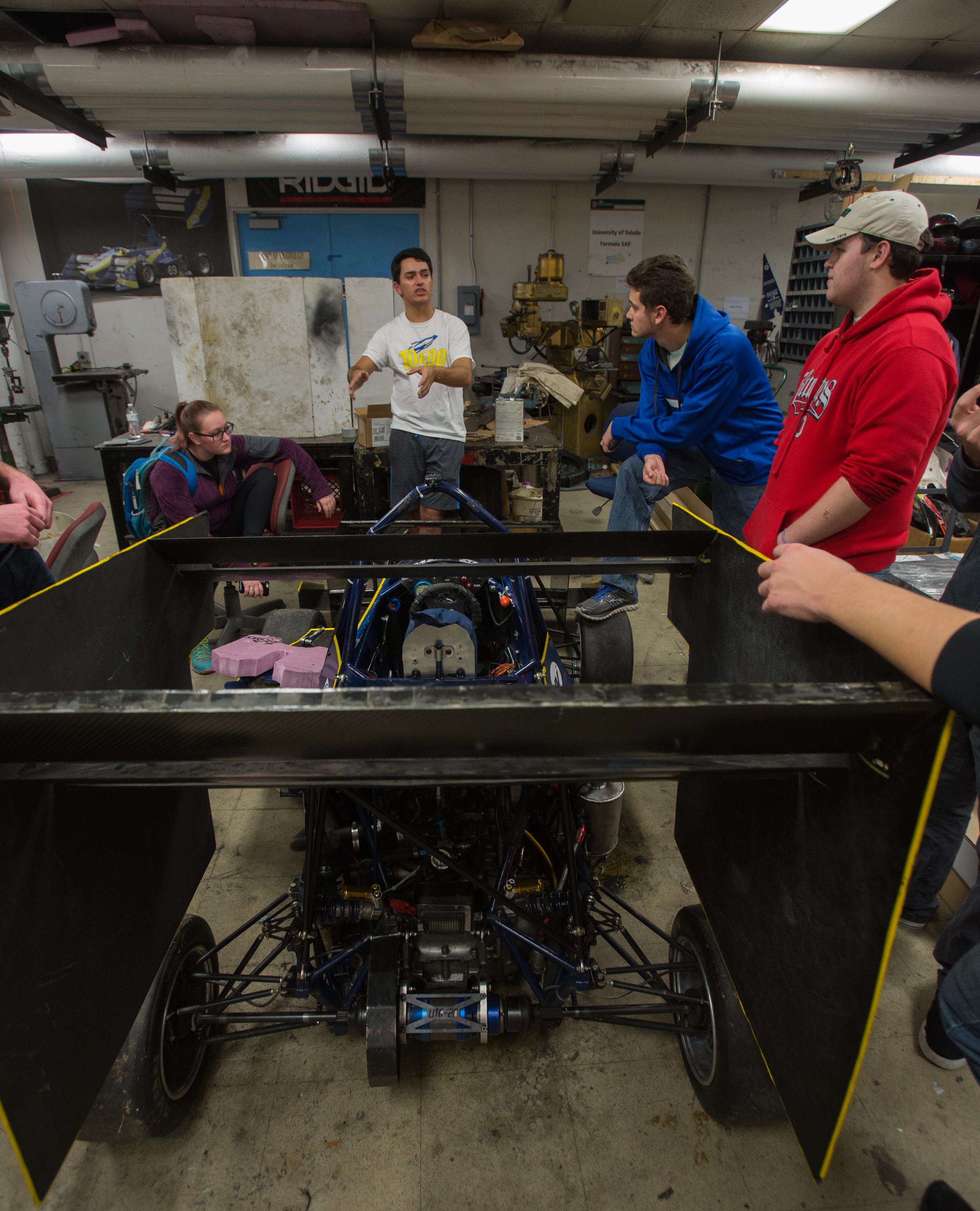   Aerodynamics group lead Jonathan Lesiecki leads a meeting for new team members interested in joining the aero group in the Formula SAE team lab in the University of Toledo’s North Engineering Building.  