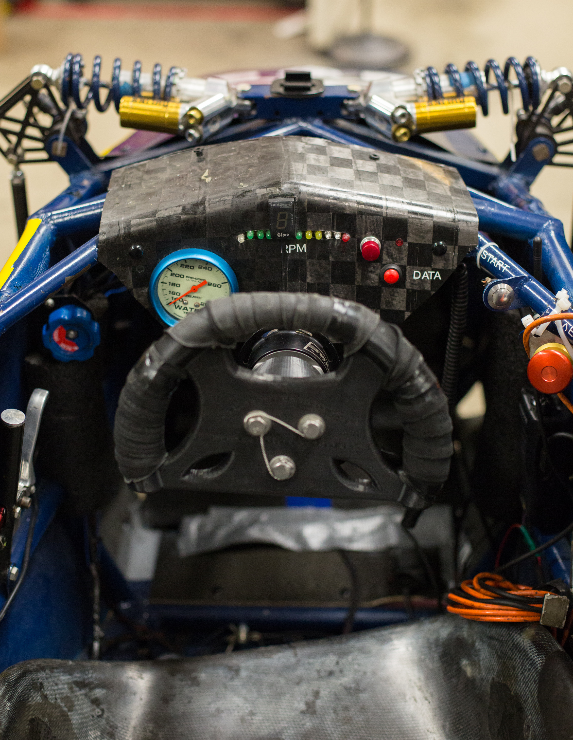  The view of the cockpit of the previous season's car. The team keeps the car in the lab and uses it to study and improve the design for the next car. 