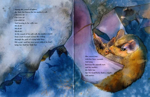 The Little Lost Bat by Sandra Markle. A bat loses their mother, a mother loses their bat. Bat adoption, weeping, breastfeeding—human parenthood fears in a story about bat adoption, which happens in bat populations all the time. Ages 4-9.