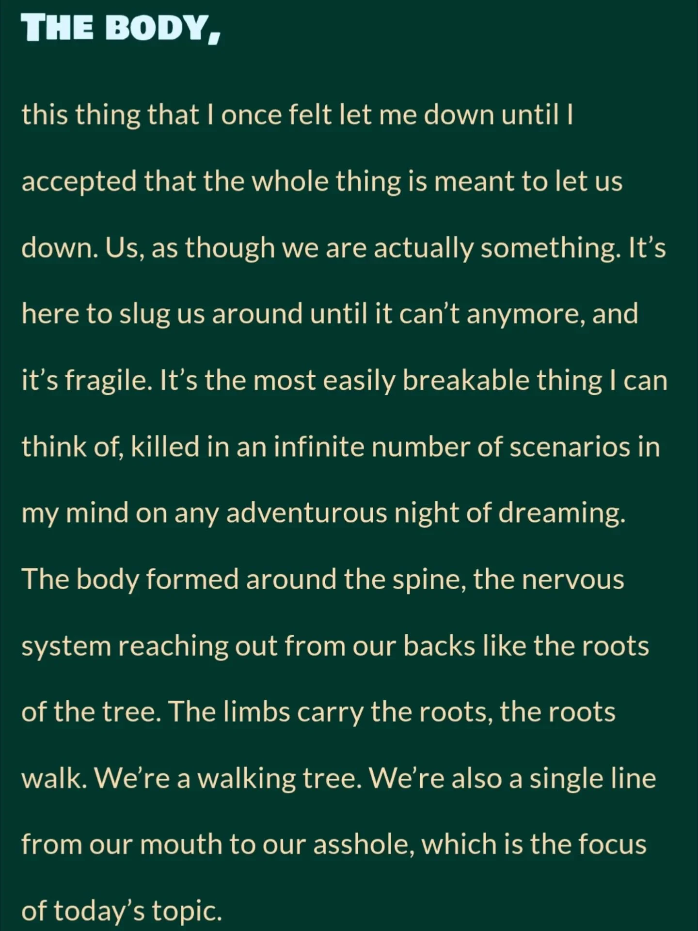I started a blog one night last fall. I am imagining I'll get back to it soon. In the meantime, there are two pieces of writing up--one on my unsedated colonoscopy, another on a dream about Carrie Brownstein. Hey, it's time I do a follow-up on that C
