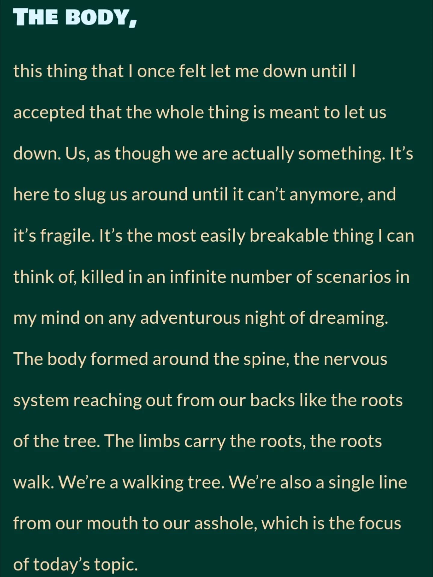 I started a blog one night last fall. I am imagining I'll get back to it soon. In the meantime, there are two pieces of writing up--one on my unsedated colonoscopy, another on a dream about Carrie Brownstein. Hey, it's time I do a follow-up on that C