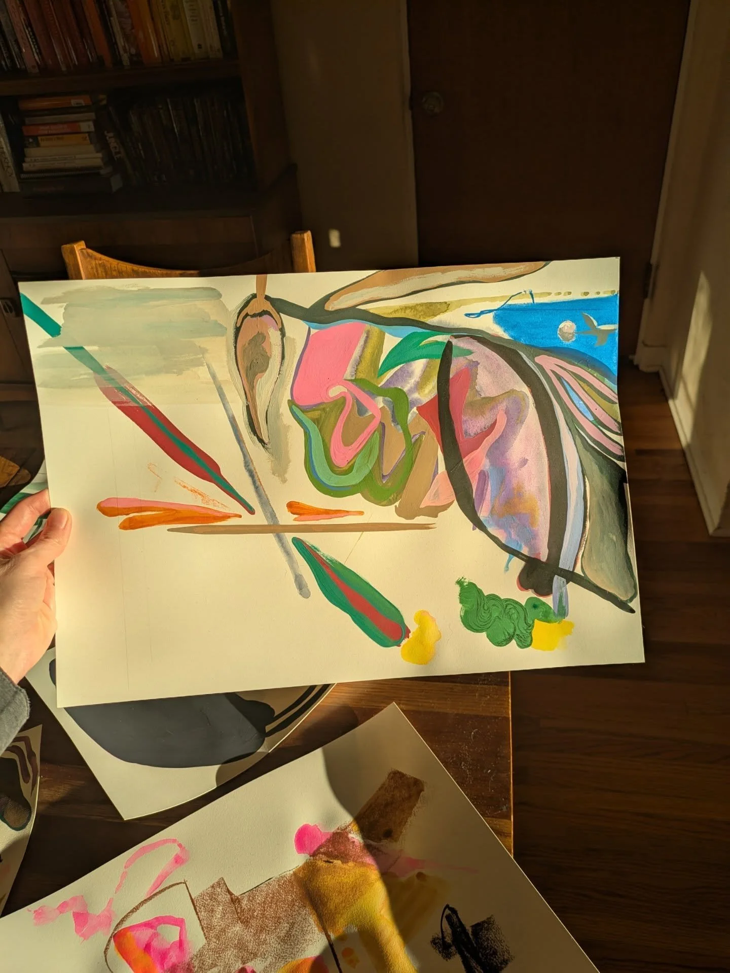 Paintings from the fall. The sun is setting as I take these pictures, they look good wearing her glow.