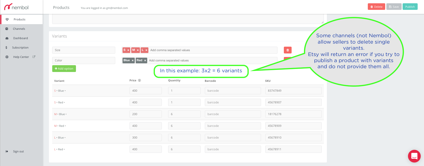Etsy requires sellers to provide all variants when they publish via Nembol