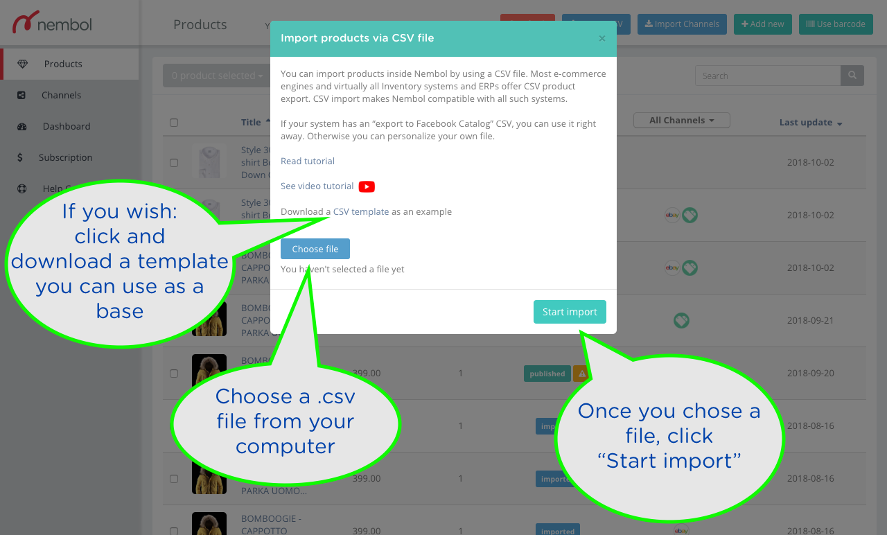 Image 2: use a file template, or choose and upload your .csv file. You can use Facebook Catalog template