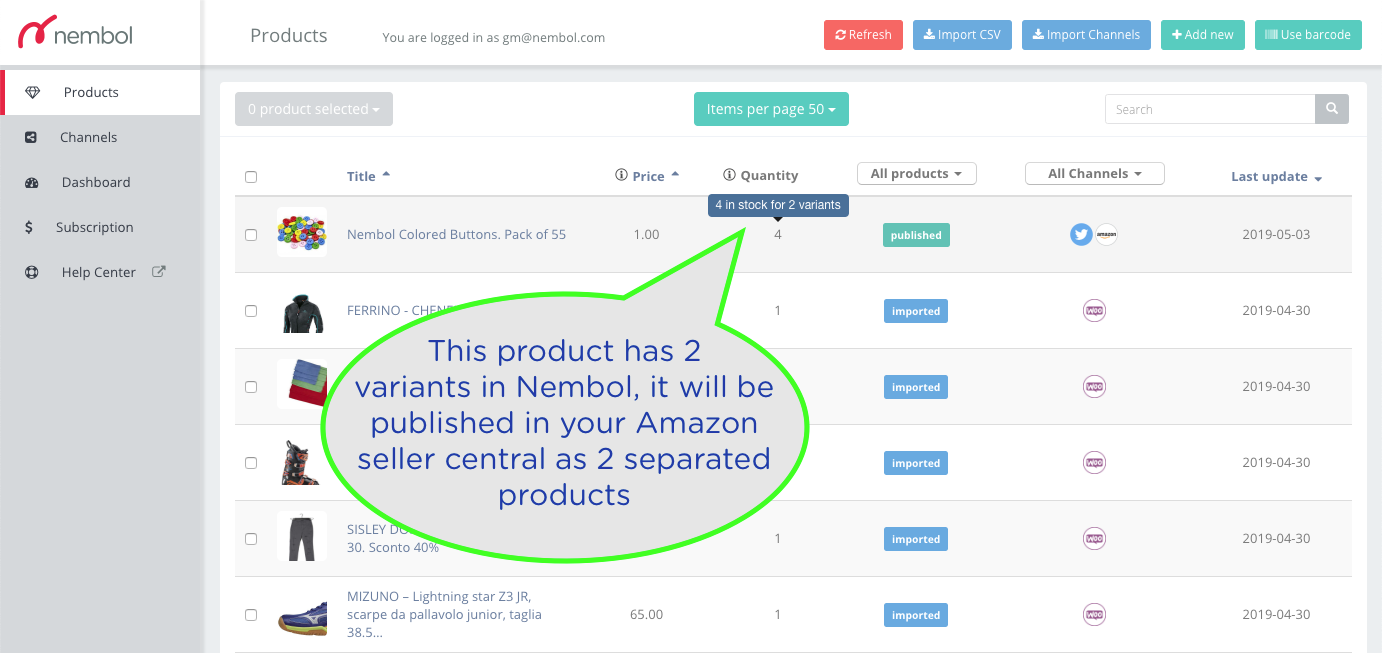 The product above has 2 variants in Nembol: it will be published in your Amazon seller central as 2 separated items.