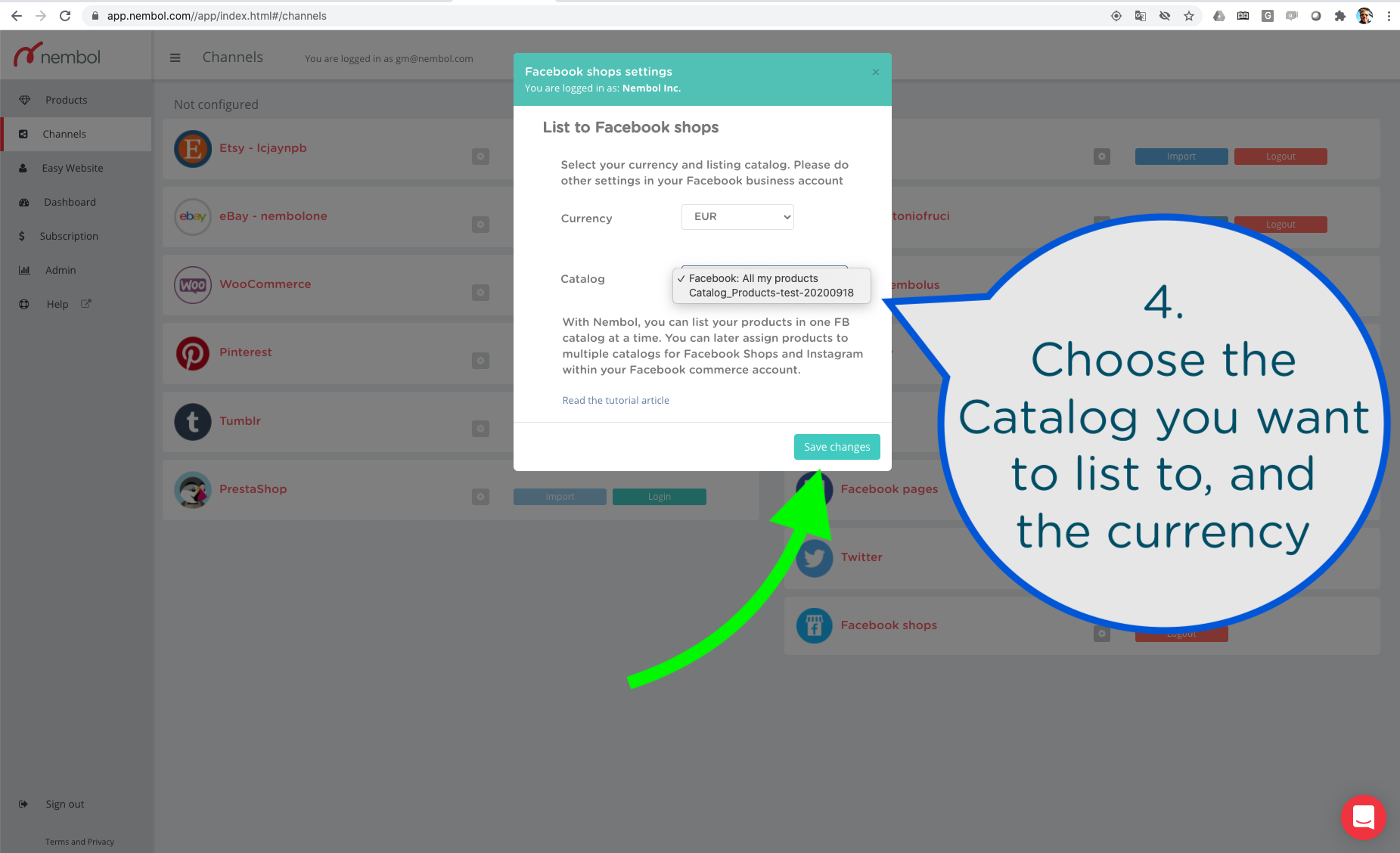 Nembol settings allow you to list on your Facebook catalog of choice, and select your currency.