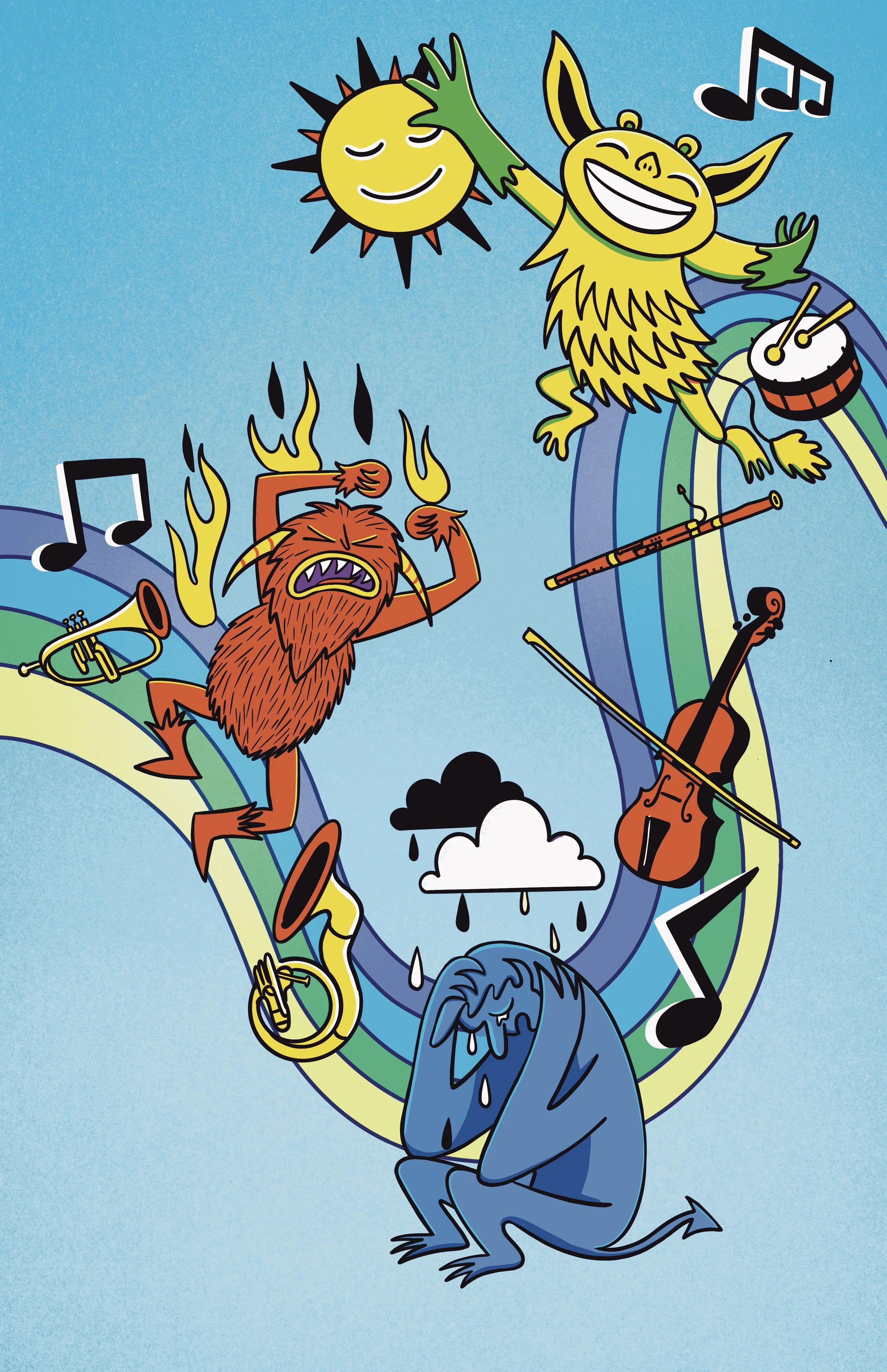 Mad, Sad, Glad poster illustration with added monsters