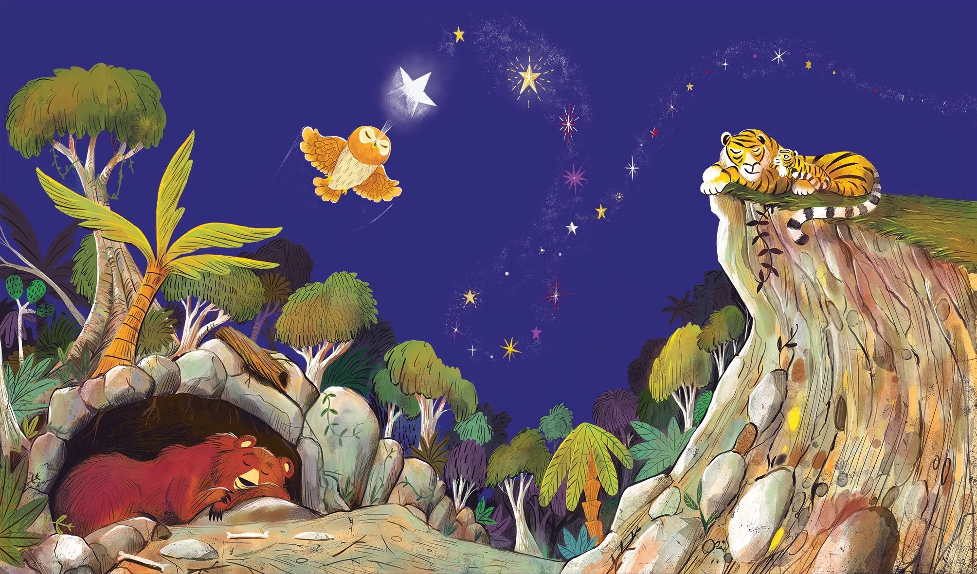 Sleeping bear and sleeping tiger with cub. Owl blows out the stars at night