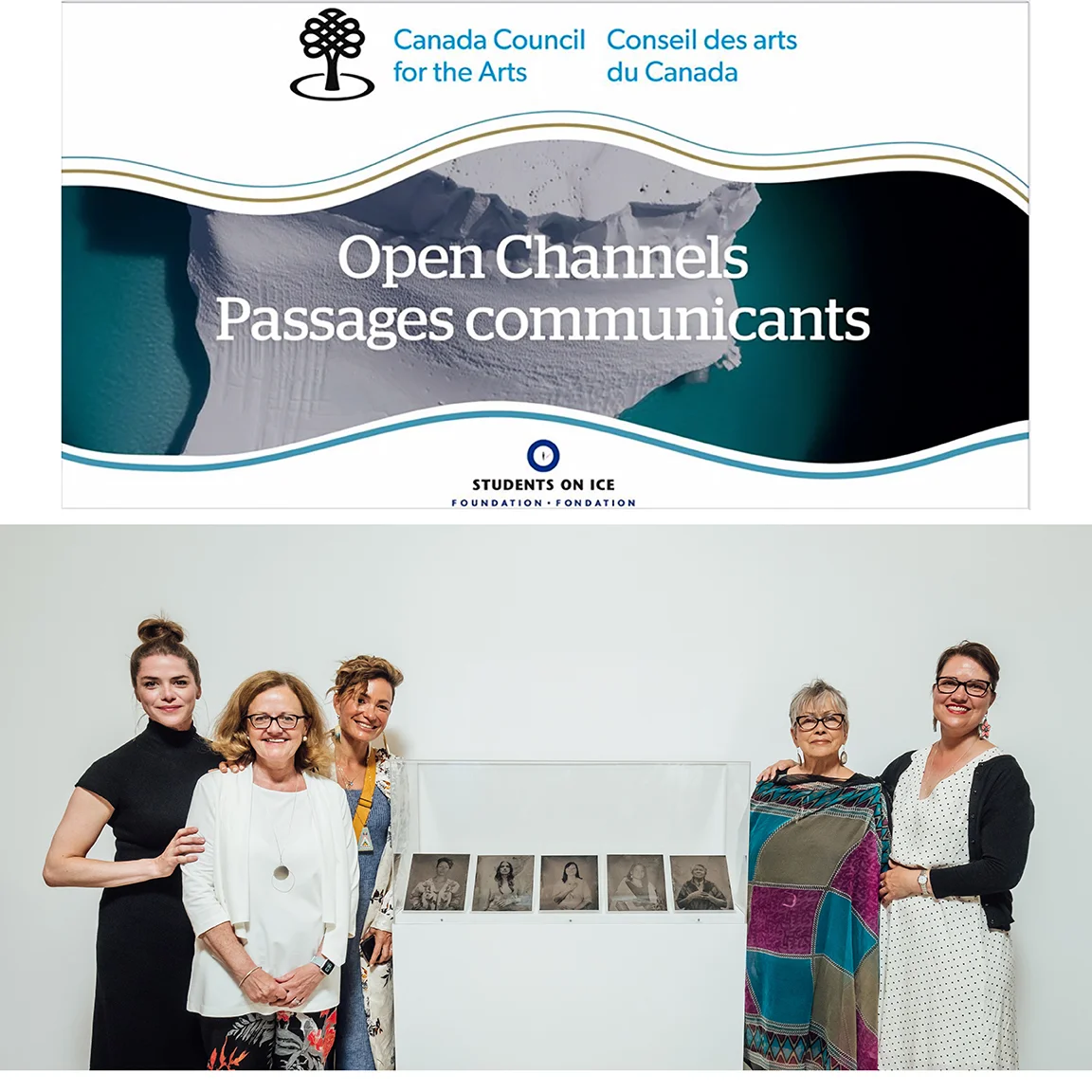 “ Open Channels” Exhibition, Âjagemô Art Space, Canada Council for the Arts, Ottawa, Canada. June 25, 2019.(Kaniehtí:io Horn, Christine Fitzgerald, Waneek Horn-Miller, Kahentinétha’ Horn and Dr. Kahente Horn-Miller.) (Photo credit: Martin Lipman)