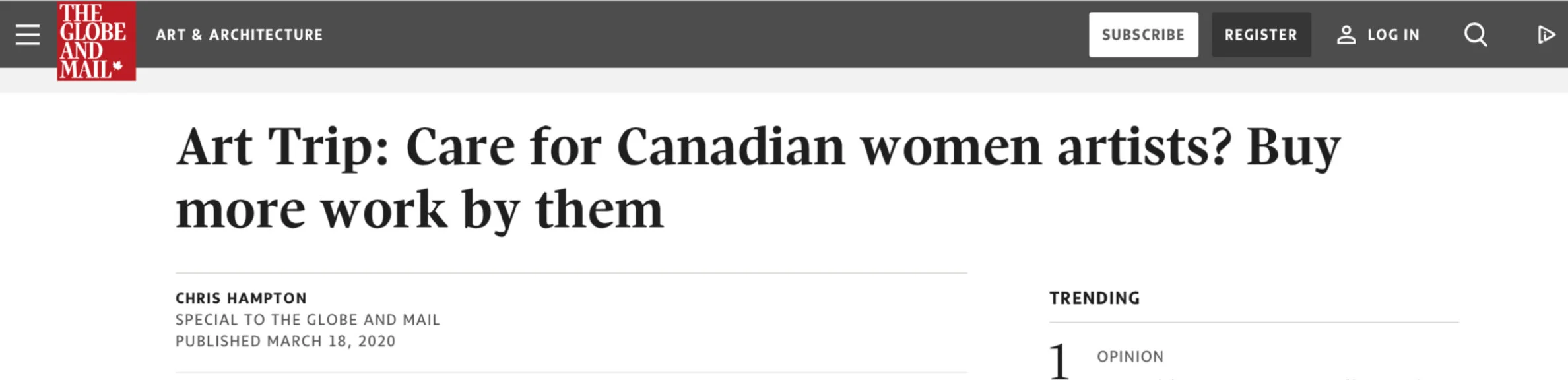 The Globe and Mail, Art Section, March 21, 2020