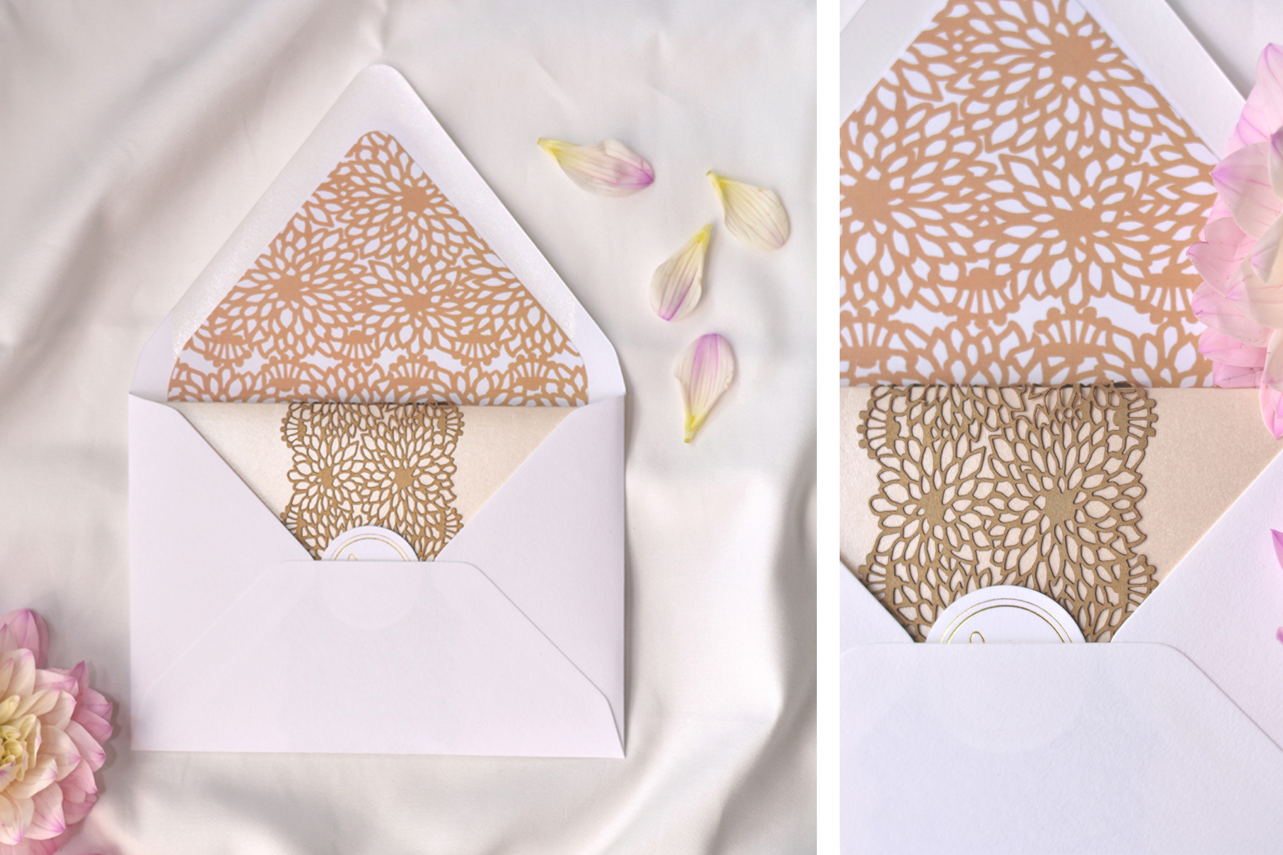 The envelope featured a digitally printed liner to match the laser cut belly bands.