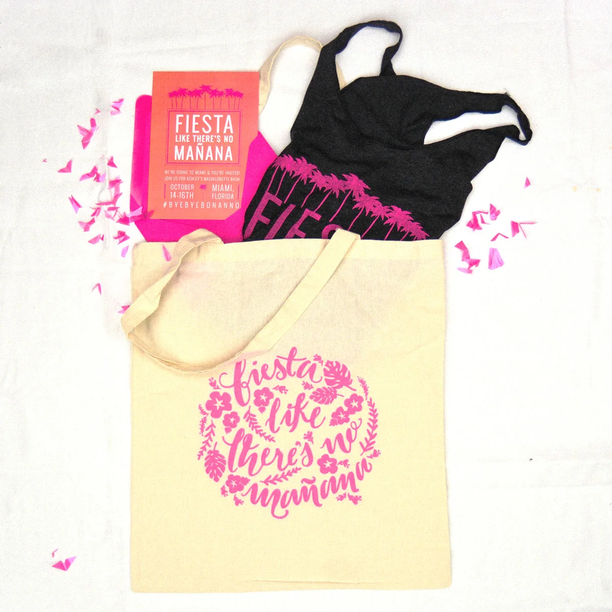 The design for the Fiesta tote was hand drawn, hand lettered and screen printed by hand in house.