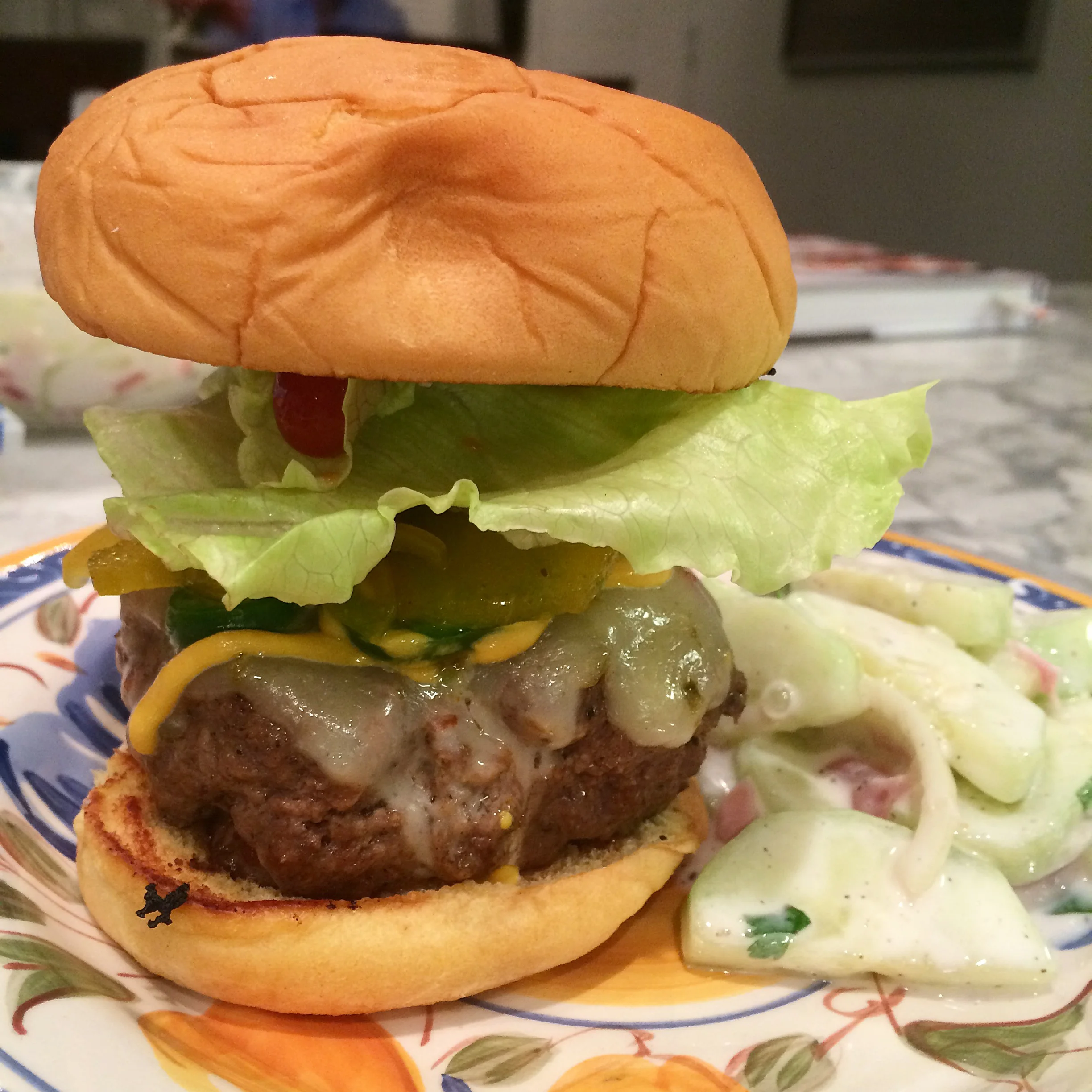 Meesh Burger with Cucumber Slaw