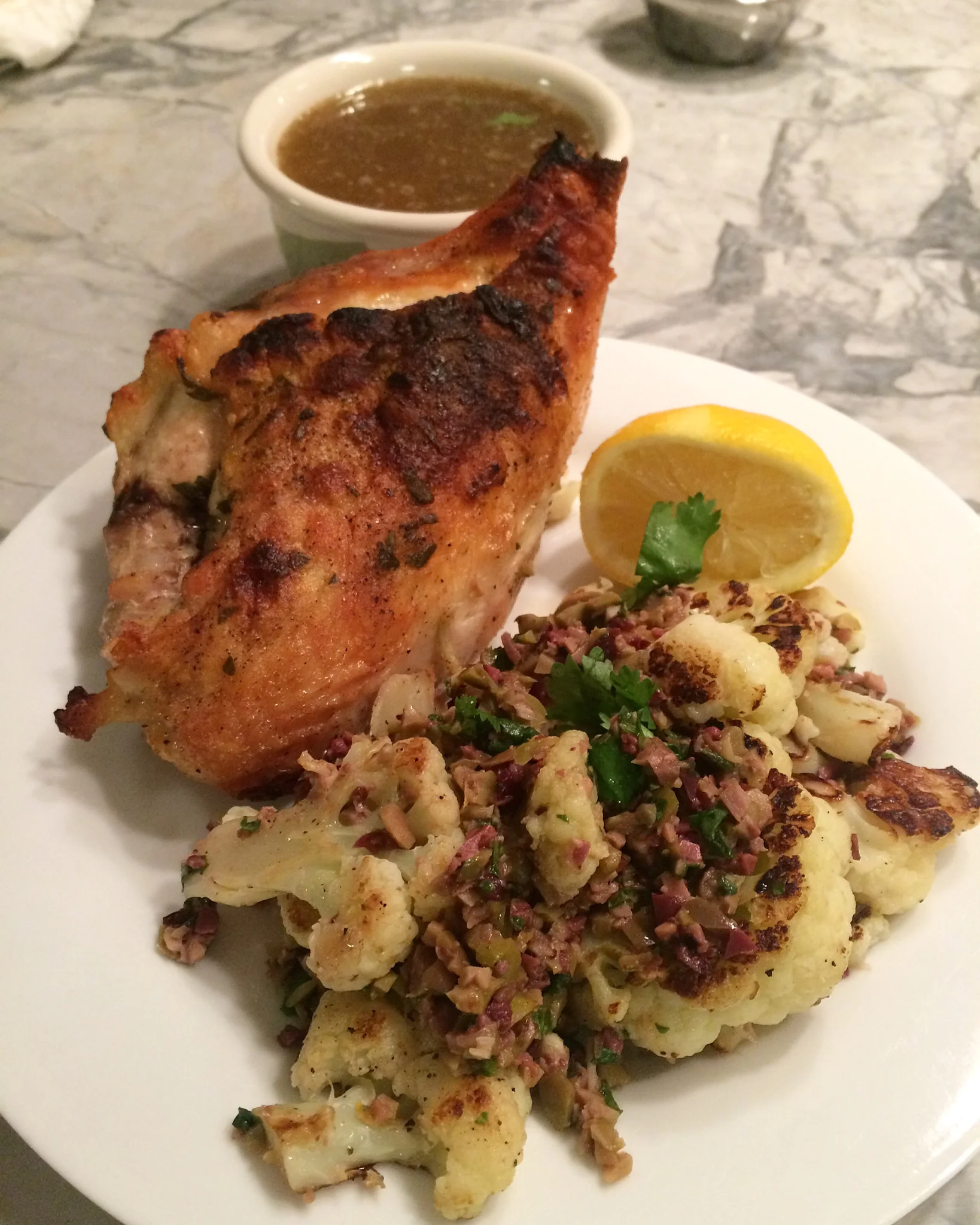 Crispy Chicken & Charred Cauliflower with Olives