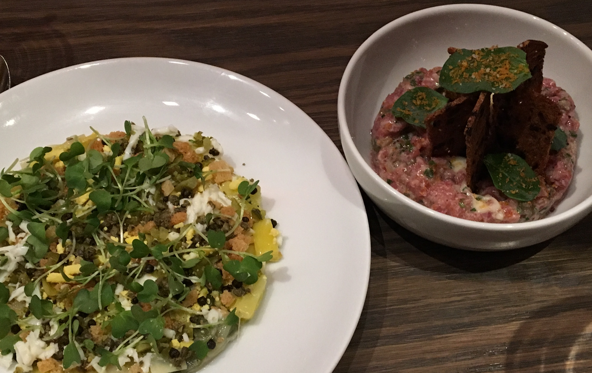 Left to right: Leeks Dijonnaise, Veal Tartare
