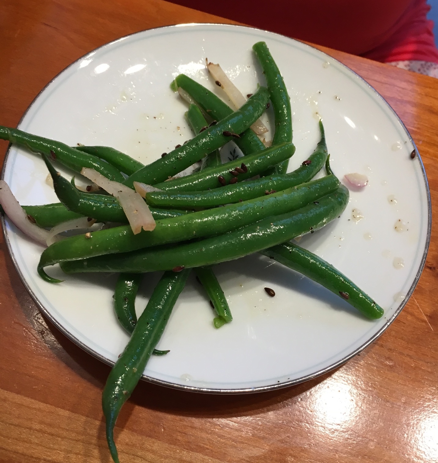 A terrible photo of the Green Bean Salad.