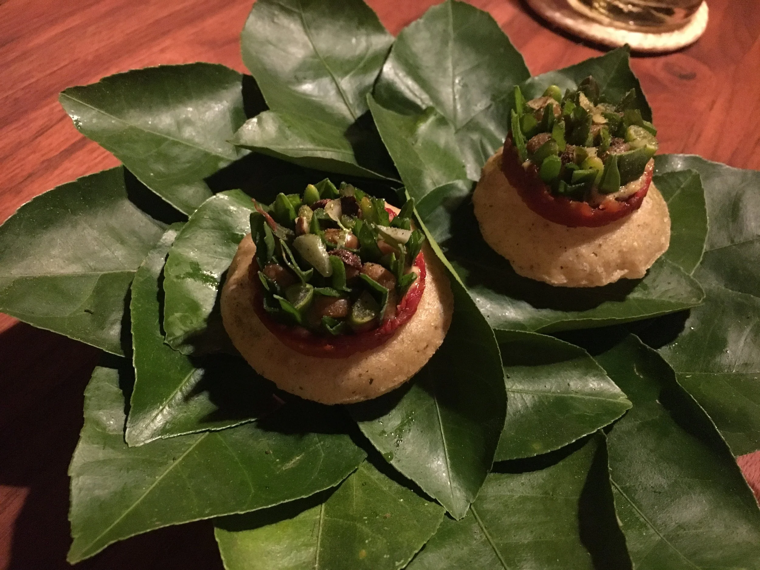 Puffed masa with roasted tomato and chapulines (grasshoppers!). Basically the best chip and salsa I've ever had.