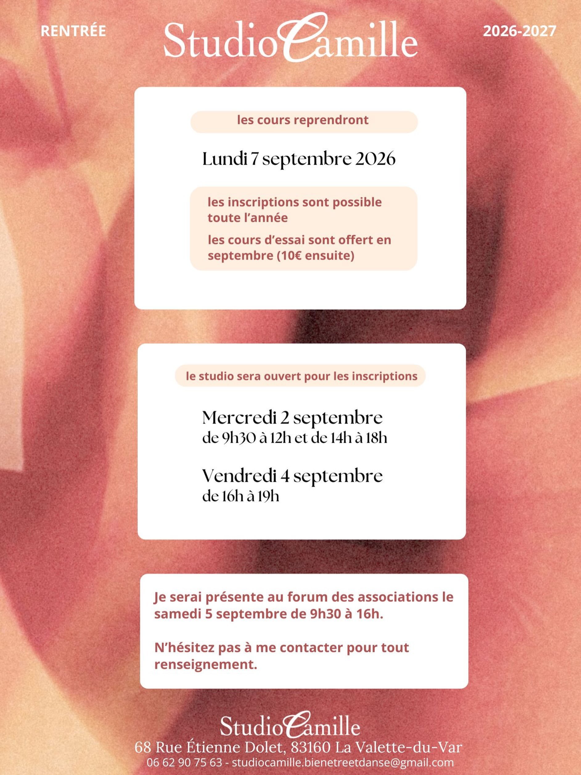 Rentr&eacute;e 2026 le lundi 7 septembre 🩰🧘&zwj;♀️
En attendant, bel &eacute;t&eacute; &agrave; tous ☀️ !