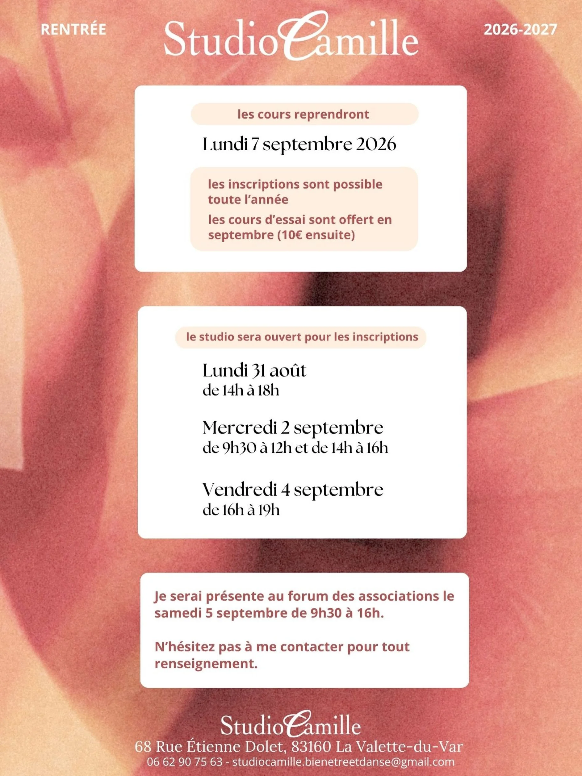 La rentr&eacute;e arrive &agrave; grands pas !
Je vous attends tr&egrave;s bient&ocirc;t au studio pour les inscriptions. 
&Agrave; tr&egrave;s vite,
Camille