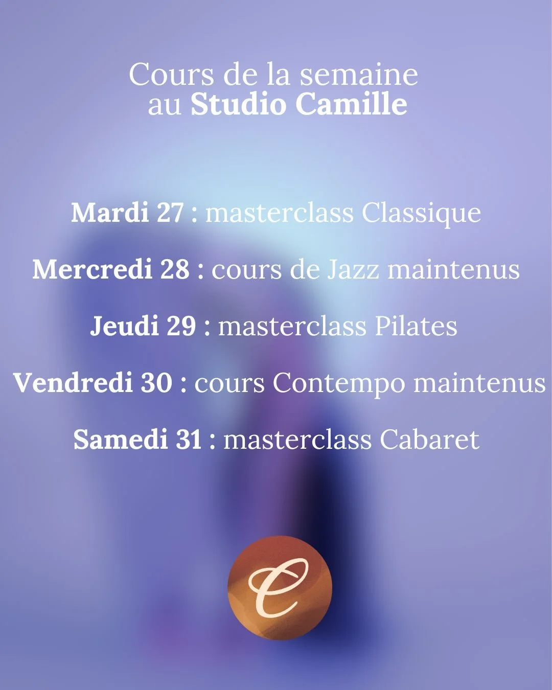 Vacances de la Toussaint dansantes !
Les cours de @regisromano.art sont maintenus, et @amicalementshow et moi-m&ecirc;me proposons les masterclass Cabaret, Classique et Pilates niveau avanc&eacute;. 
Bonne semaine de vacances &agrave; tous 🎃✨
Camill