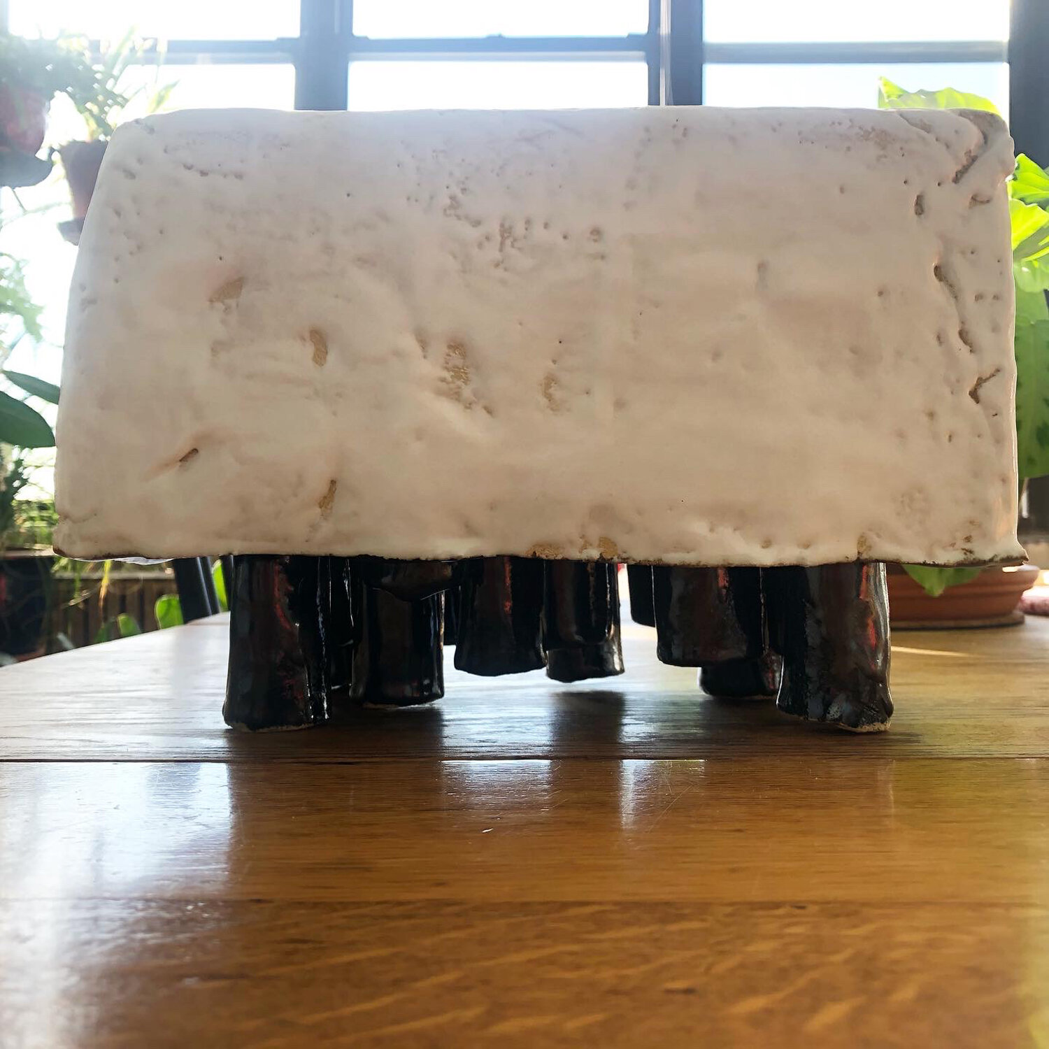 Funerary Box with Legs, 2020, glazed ceramic, 7 1/4 x 10 1/4 x 6 3/4"