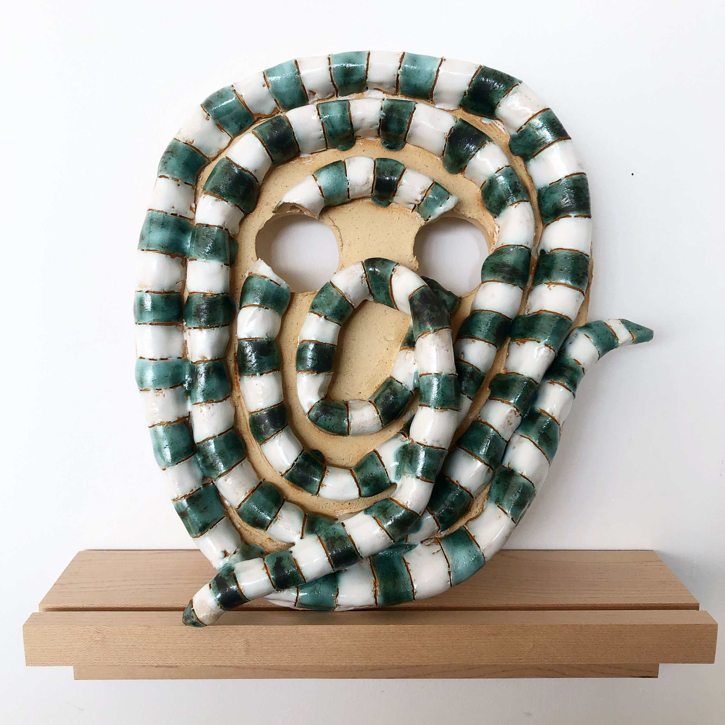 Snake Mask, 2020, glazed ceramic, 10 1/4 x 9 1/2 x 1 1/2"