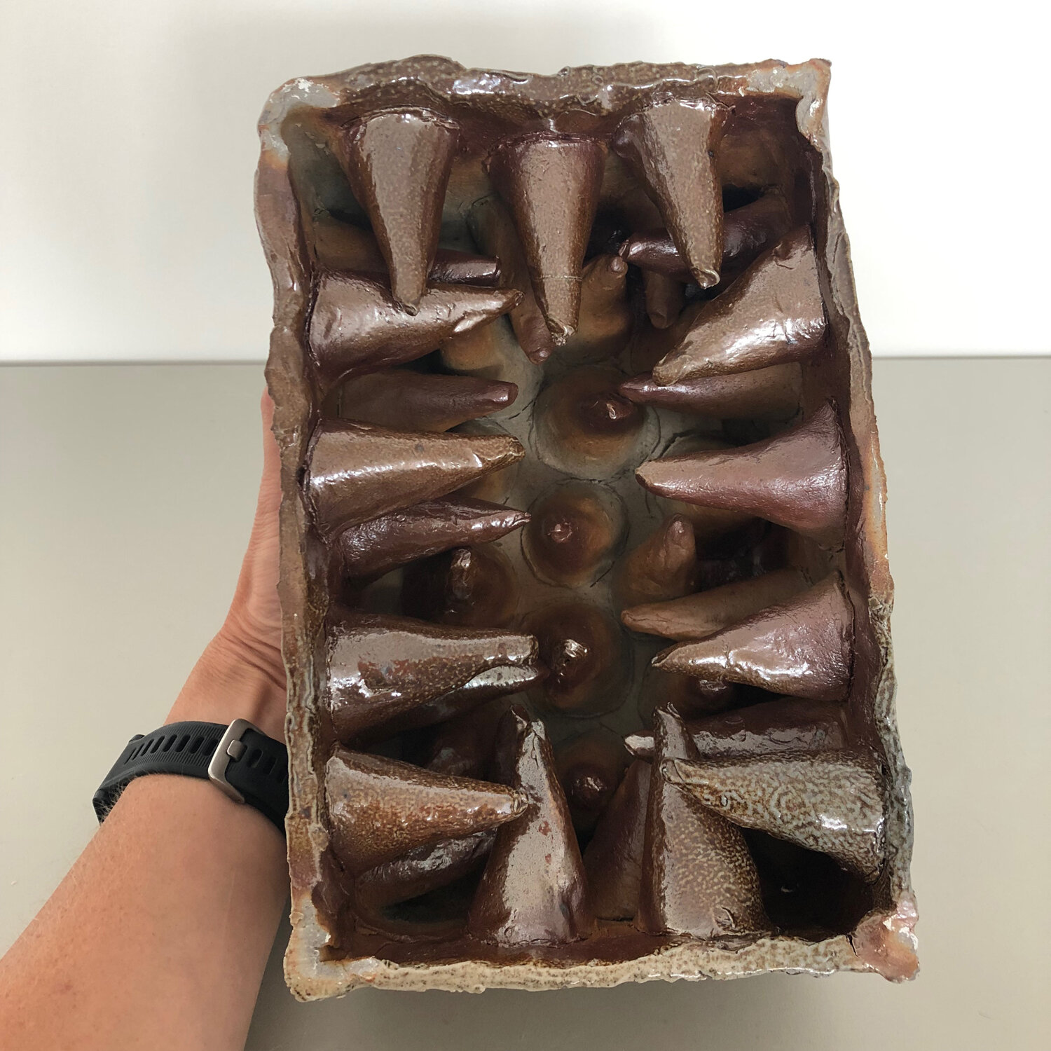 Funerary Box with Spikes Going In, 2019, salt fired ceramic, 4 1/2 x 9 1/2 x 6 1/2"