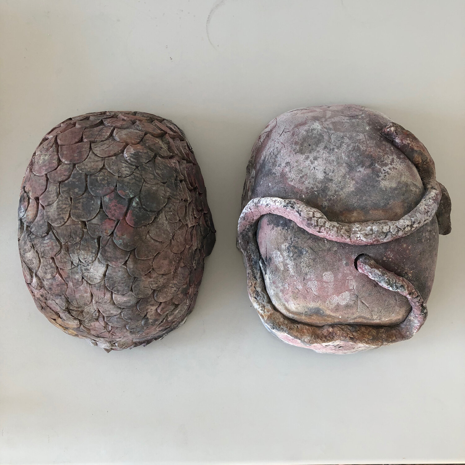 Two Bellies, 2019, pit fired ceramics, 13 x 9 x 6" (left) and 14 x 12 x 7" (right)