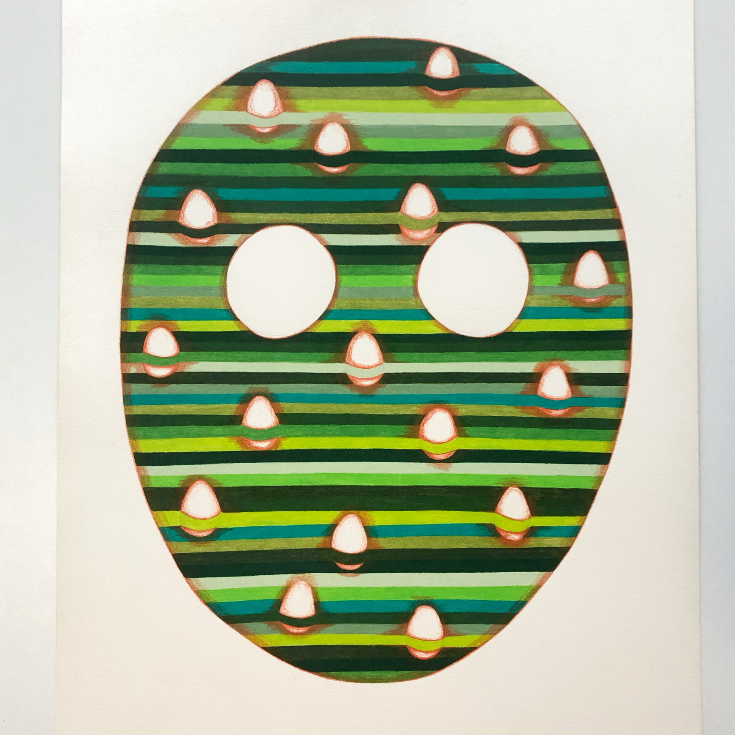 Mask with Eggs, 2020, colored pencil on paper, 16 1/4 x 13 1/4"