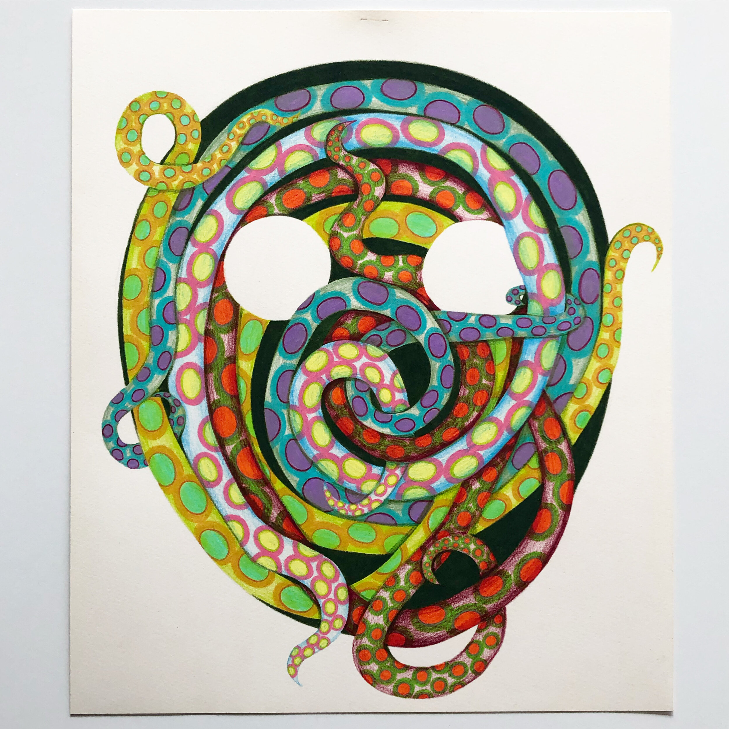 Mask with Snakes, 2020, colored pencil on paper, 15 1/4 x 13"