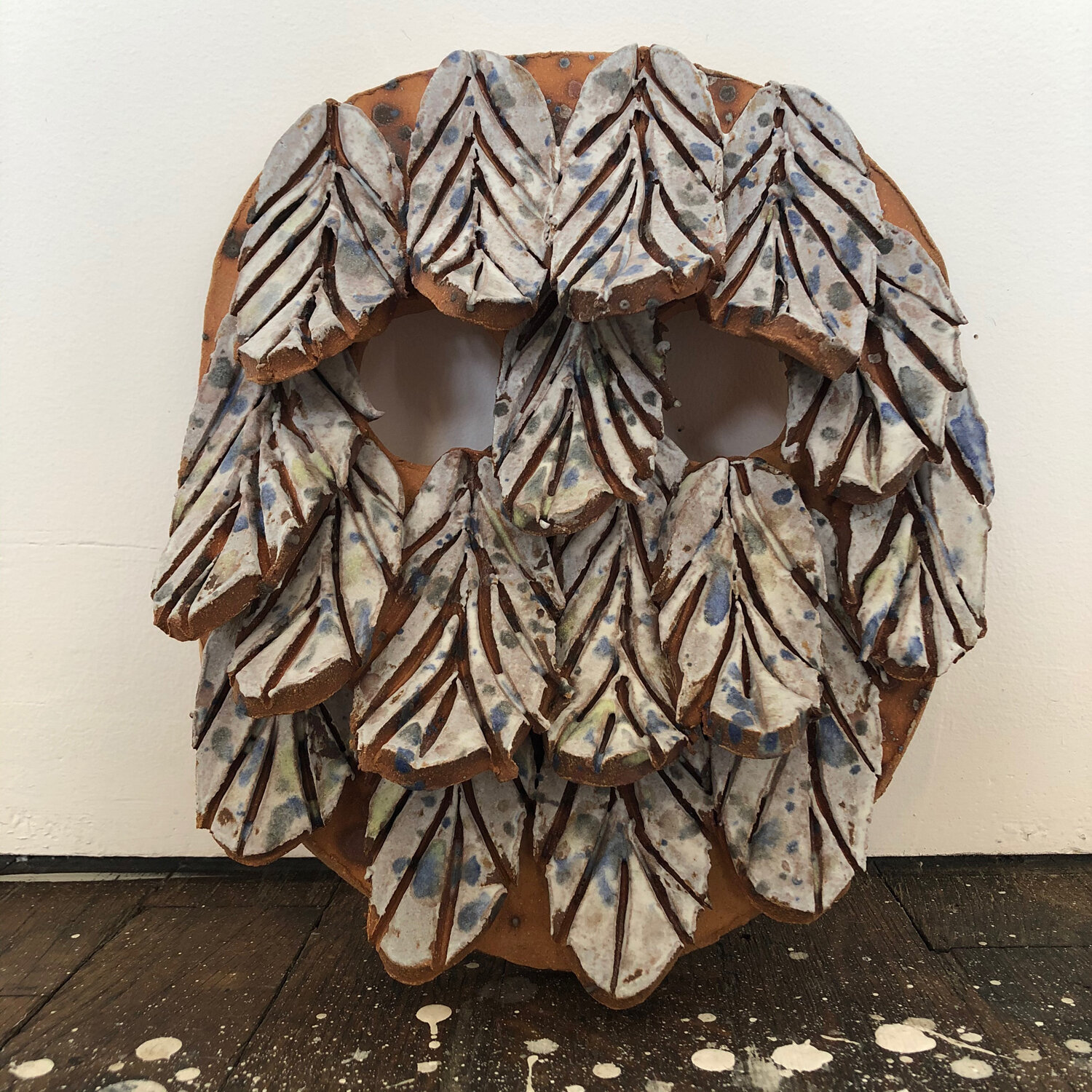Mask with Feathers, 2020, glazed ceramic, 10 3/4 x 8 1/2 x 2 1/2"