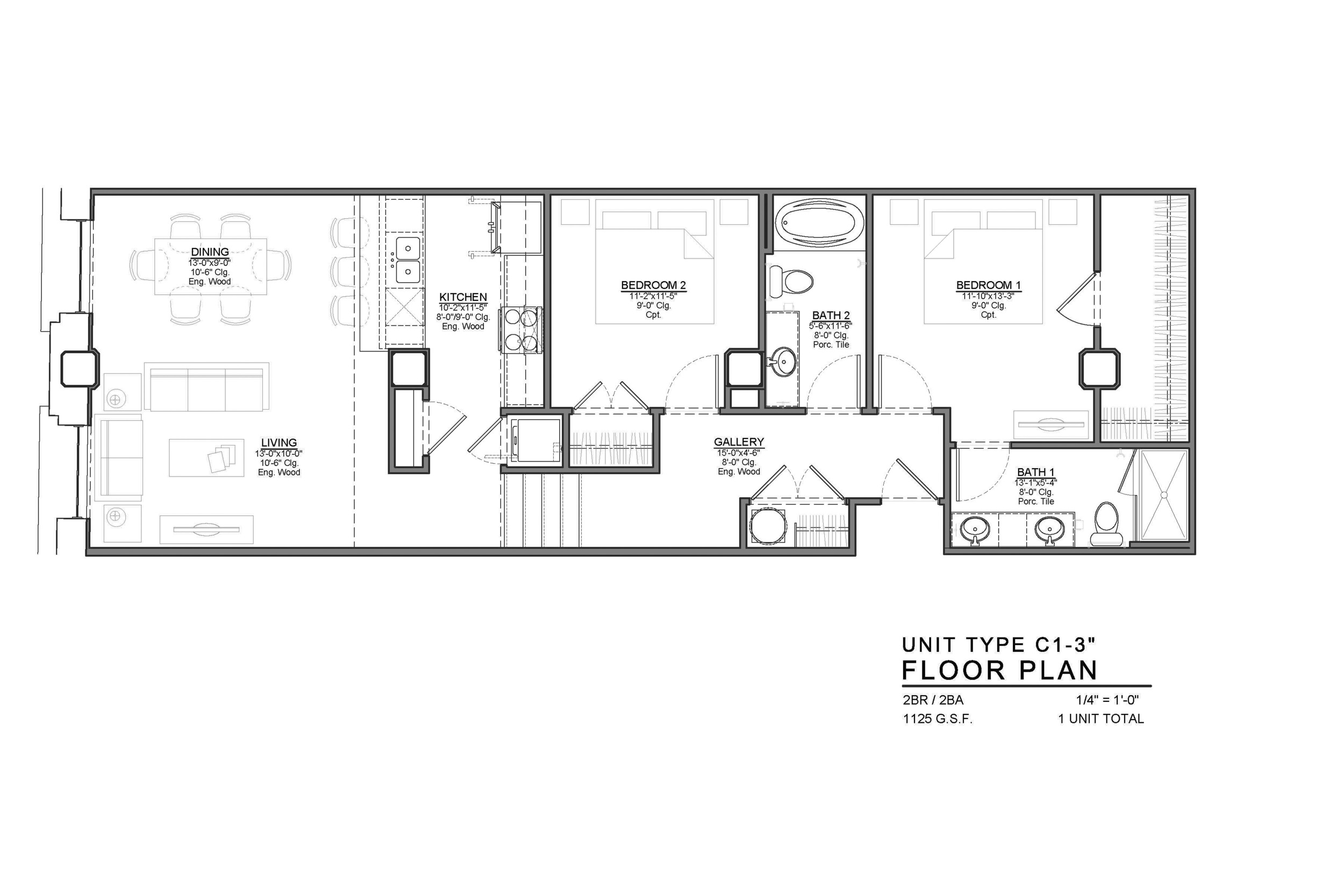 C1-3 FLOOR PLAN: 2 BEDROOM / 2 BATH