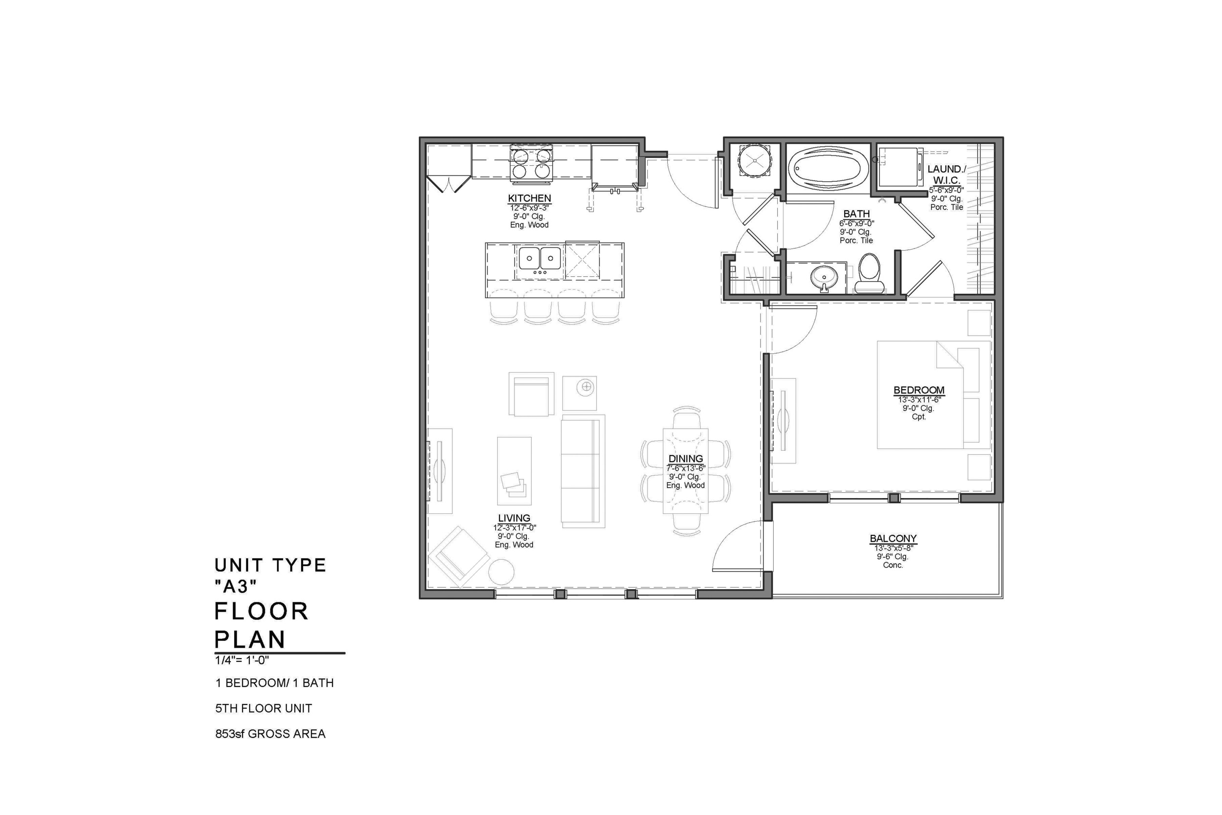 A3 FLOOR PLAN: 1 BEDROOM / 1 BATH