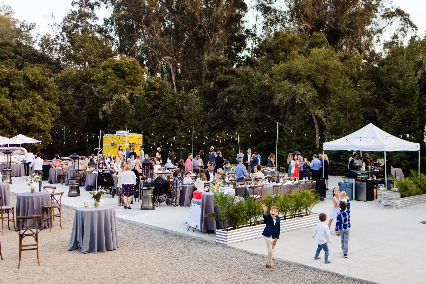 pullback image of wedding reception in Santa Cruz backyard