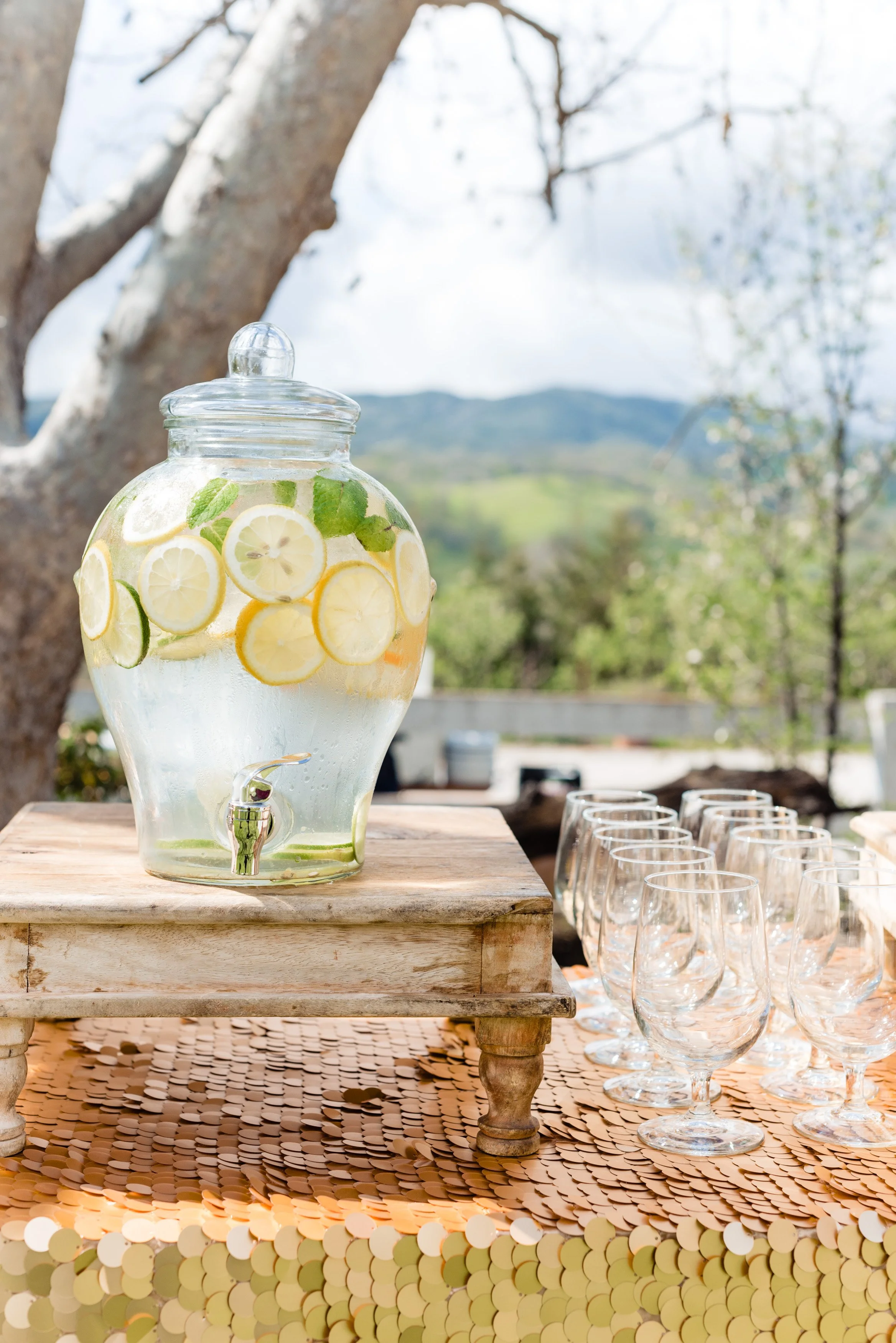 Water station with citrus fruit at a Colorado wedding