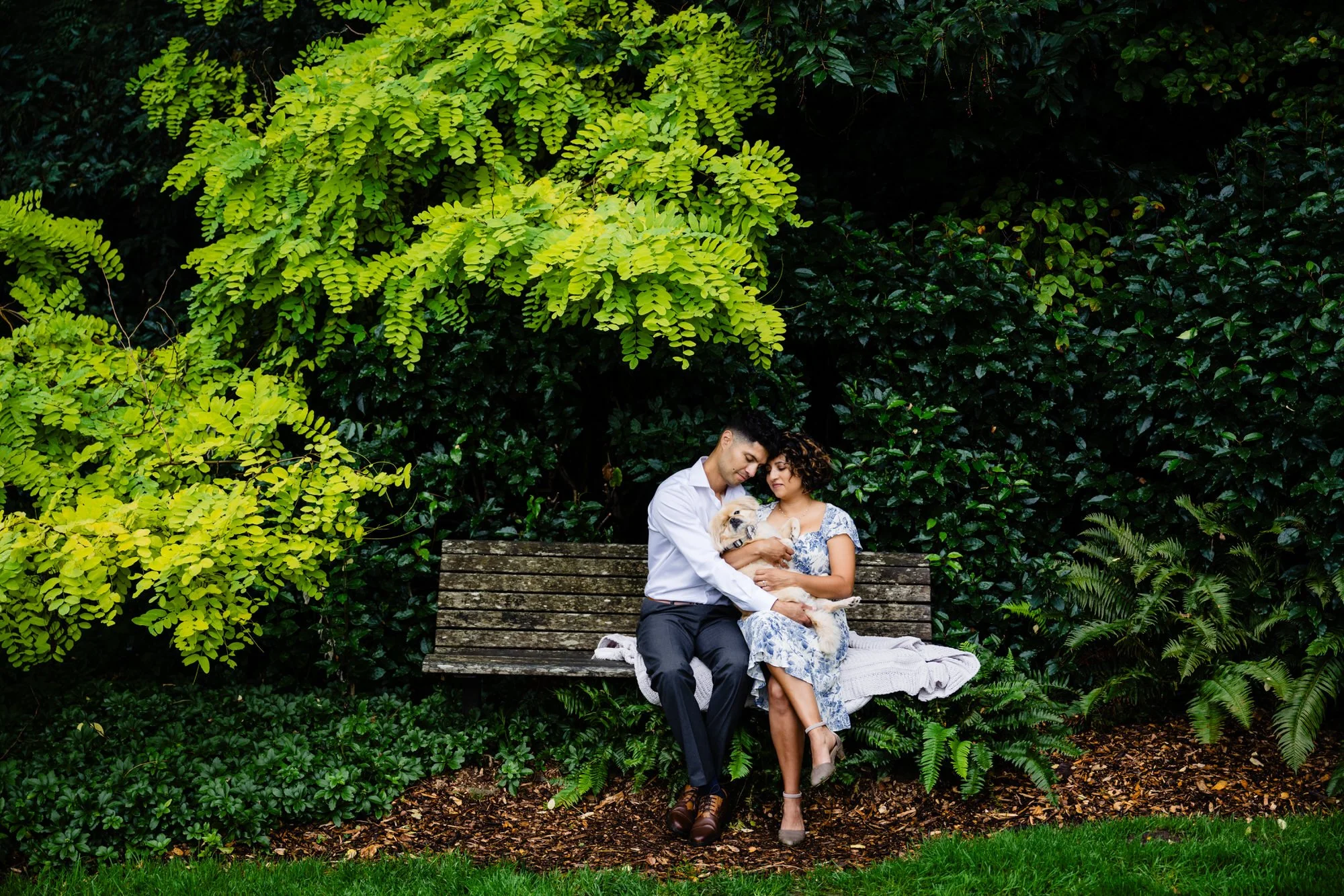 a couple cuddles their dog during their Colorado Engagement session