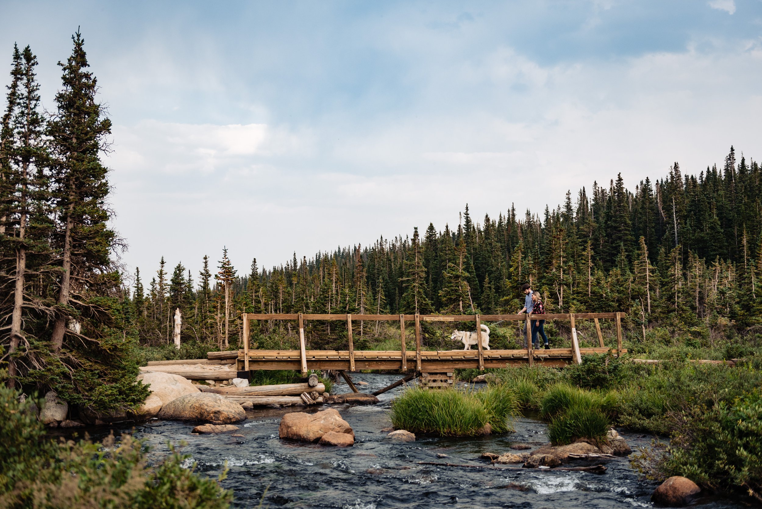Couple walking across a wooden bridge with their dog