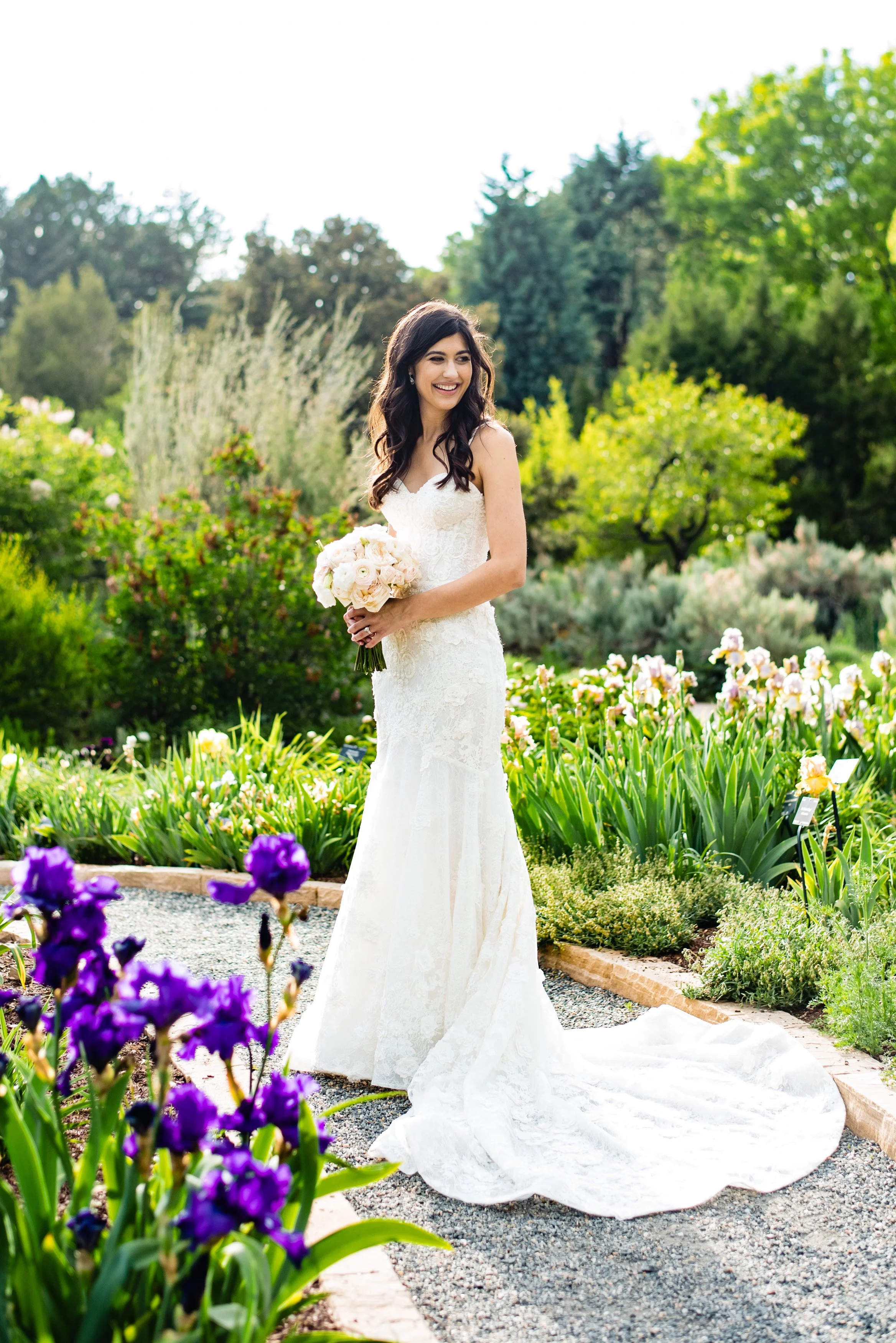 Bride posing in the Lilac Garden at Denver Botanic Gardens