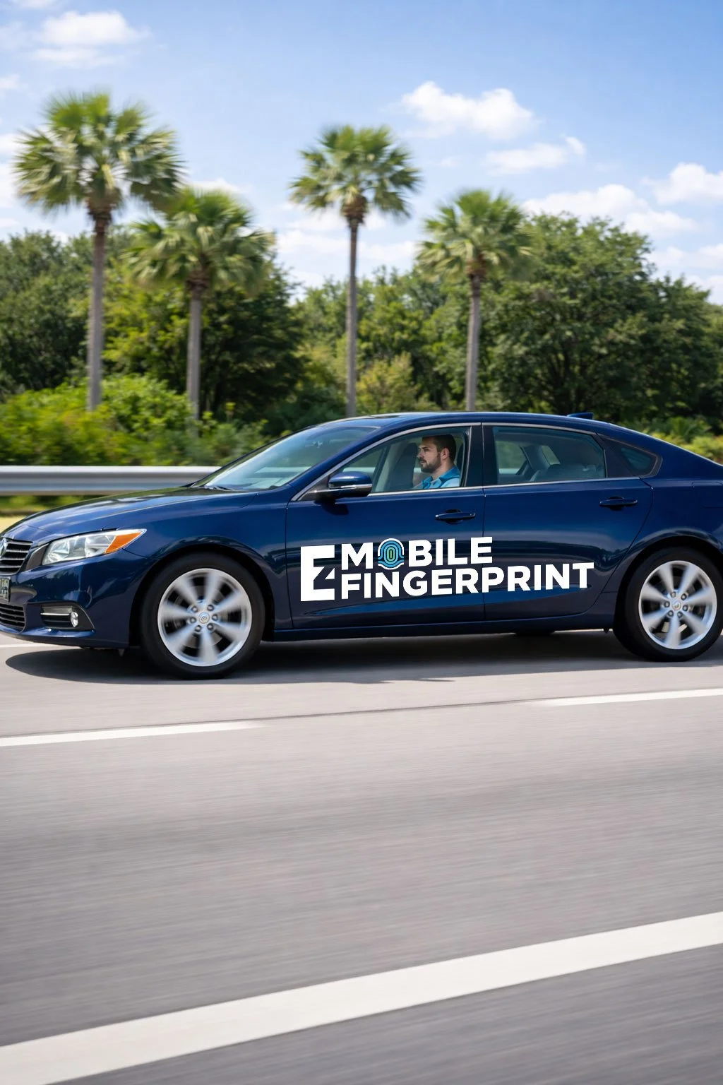 Mobile Fingerprint service vehicle driving on a highway lined with palm trees, featuring the Mobile Fingerprint logo on the side.