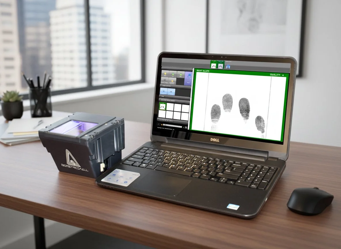 Laptop computer connected to a biometric fingerprint scanner on an office desk.