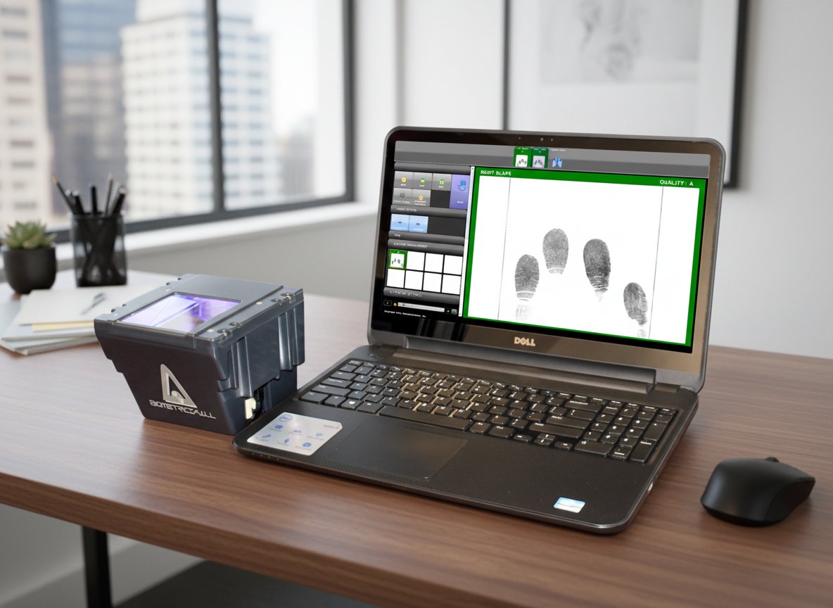 Laptop connected to a fingerprint scanner on a desk, displaying fingerprint scans on the screen.