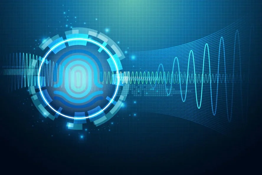 Futuristic digital interface with biometric fingerprint scanner and soundwave visualization.