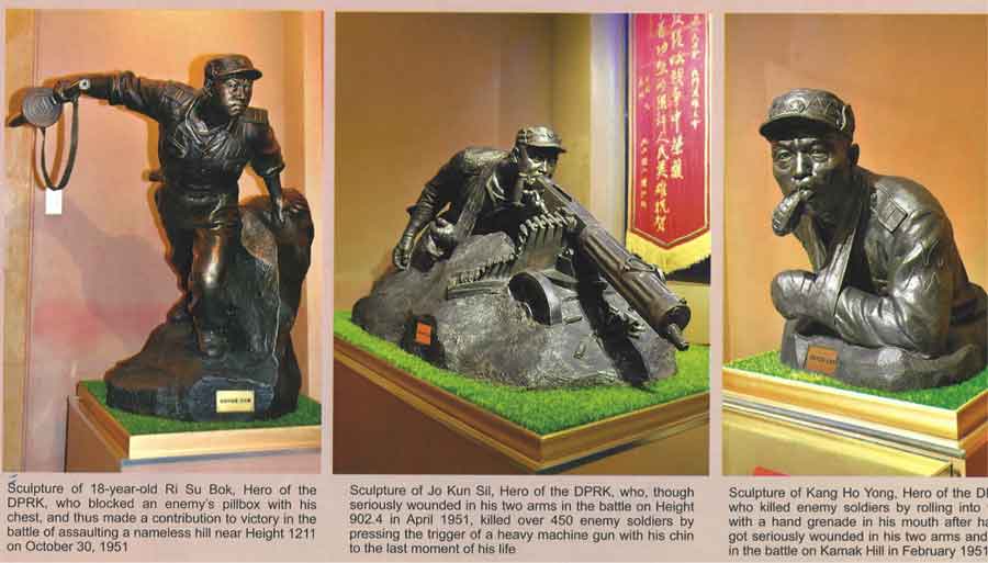 Monuments to the bold and heroic soldiers of the DPRK. Text in the middle picture: “Sculpture of Jo Kun Sil, Hero of the DPRK, who, though seriously wounded in his two arms in the battle on Height 902.4 in April 1951, killed over 450 enemy soldiers by pressing the trigger of a heavy machine gun with his chin to the last moment of his life.”