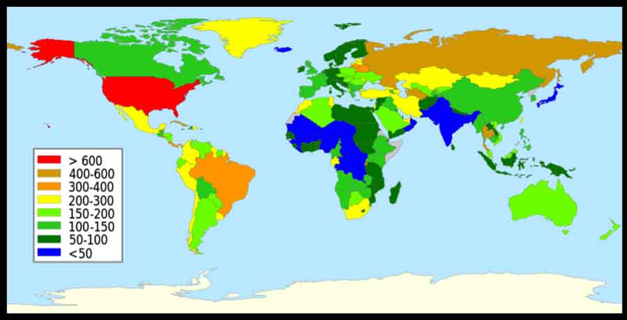 Prisoner population rate per 100,000 population by country using the inserted color chart: In this graphic, the DPRK is blank. (See source.)